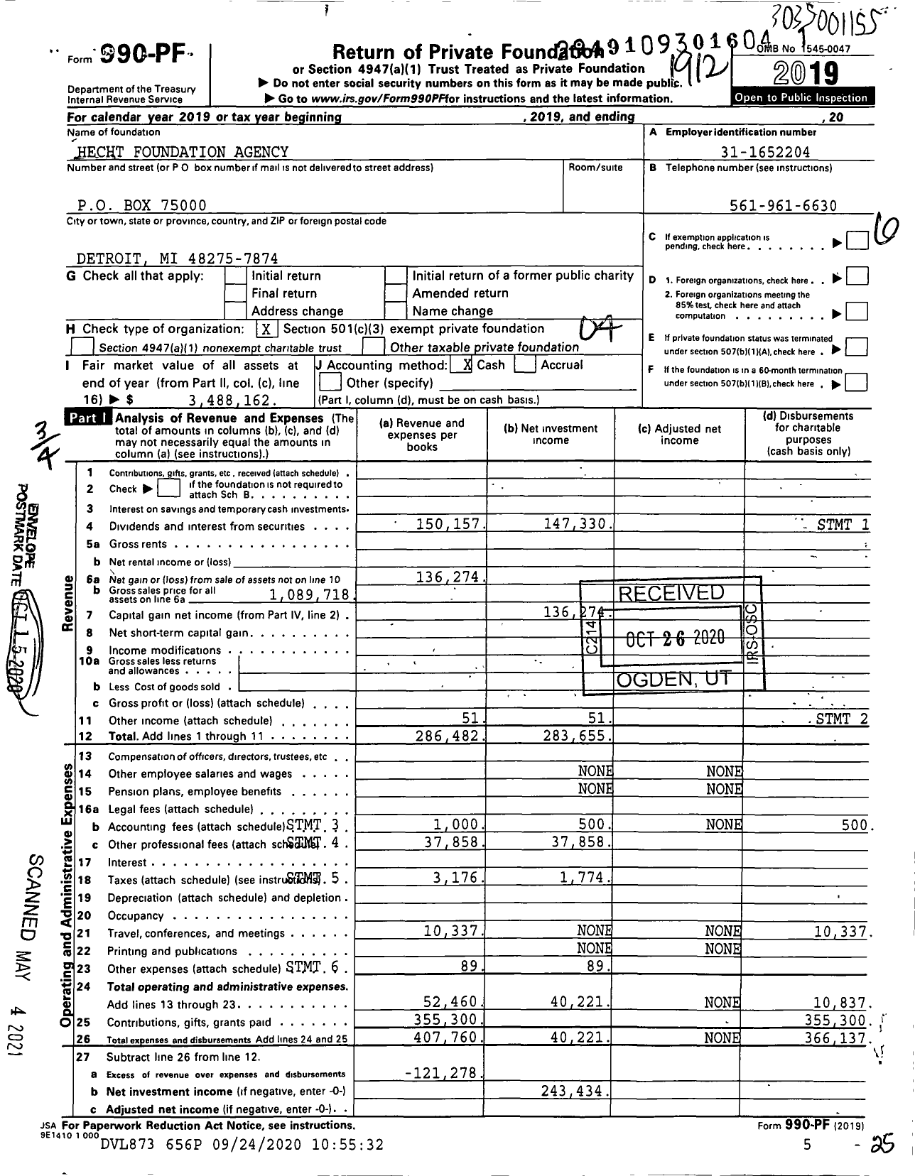 Image of first page of 2019 Form 990PF for Hecht Foundation