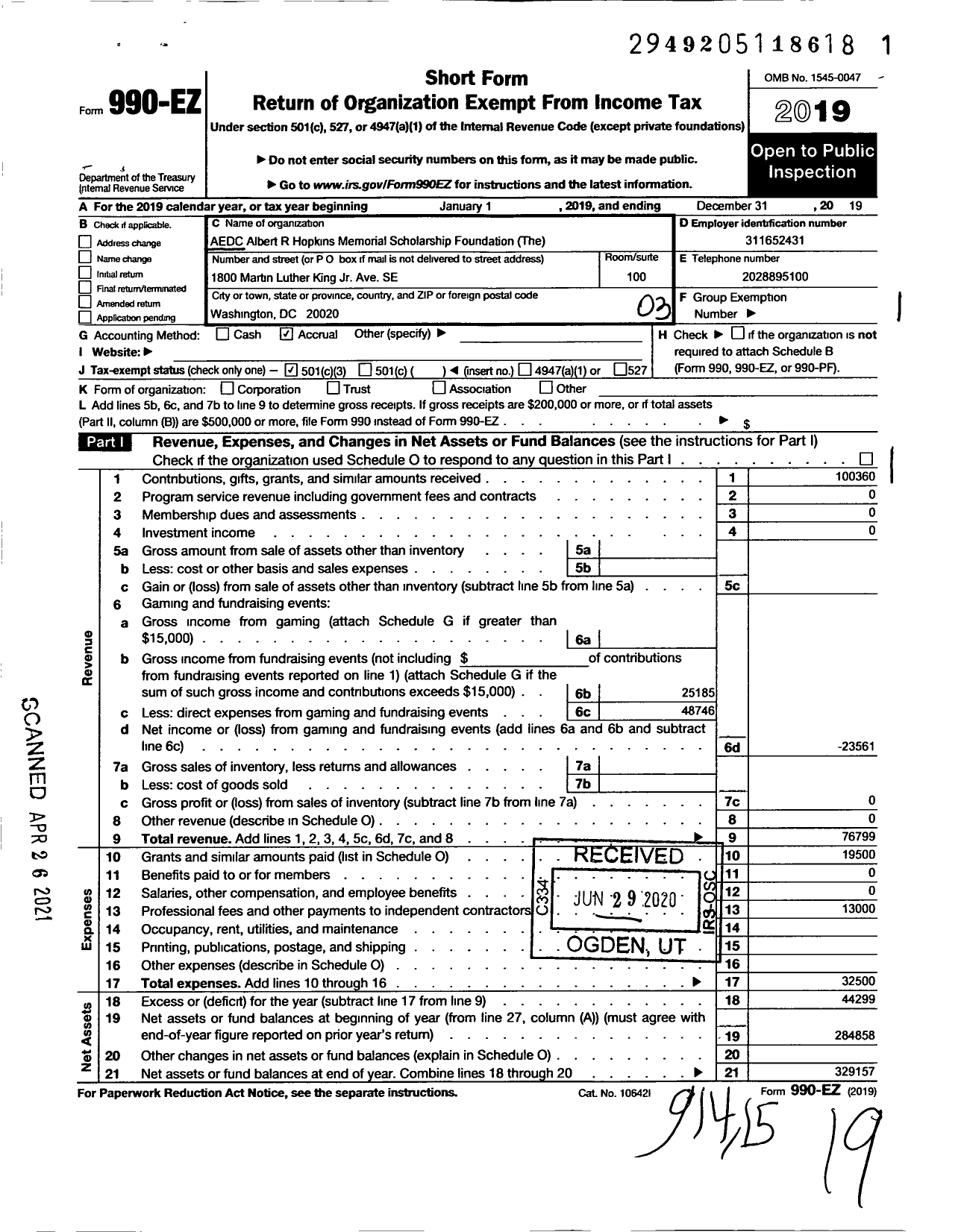 Image of first page of 2019 Form 990EZ for AEDC Albert R Hopkins Memorial Scholarship Foundation