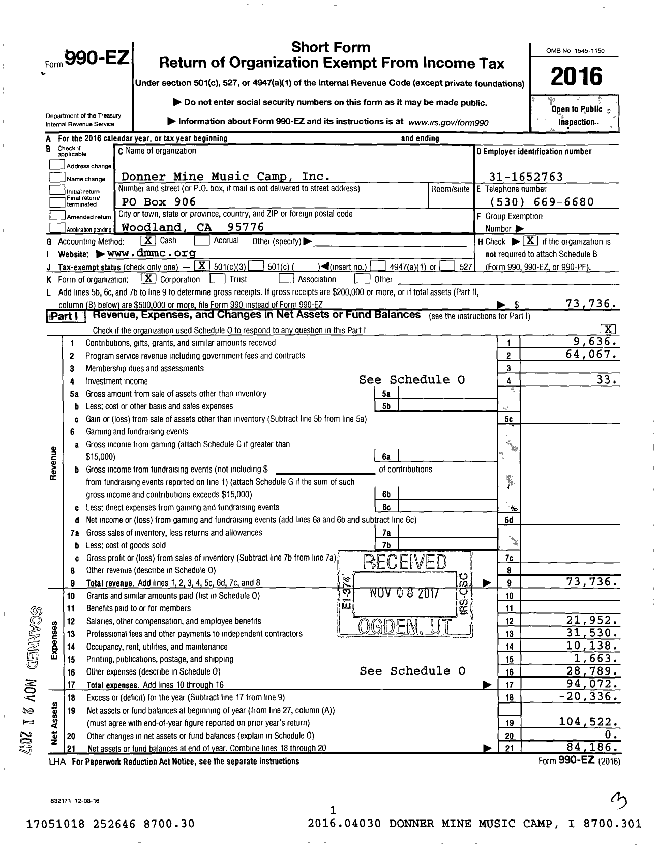 Image of first page of 2016 Form 990EZ for Donner Mine Music Camp