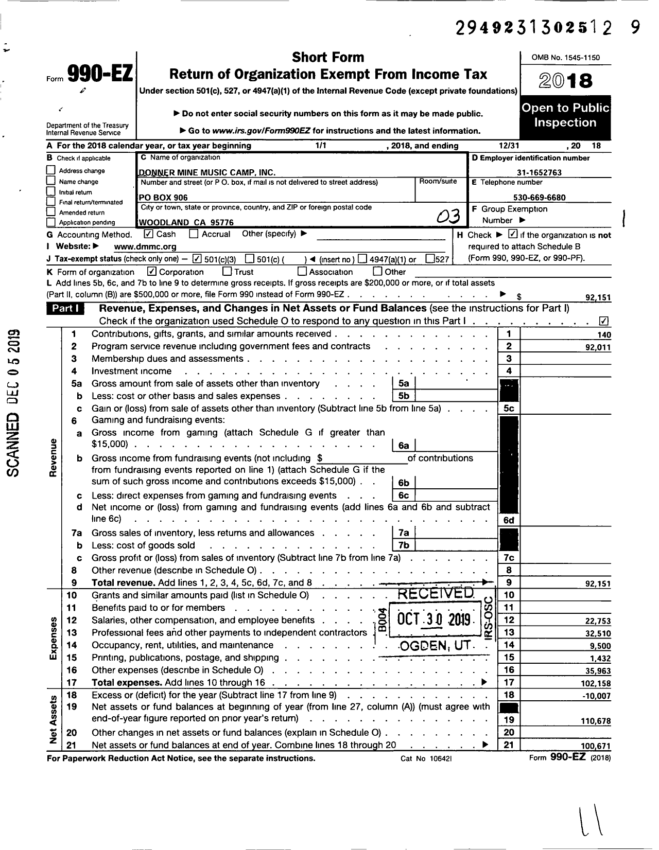 Image of first page of 2018 Form 990EZ for Donner Mine Music Camp