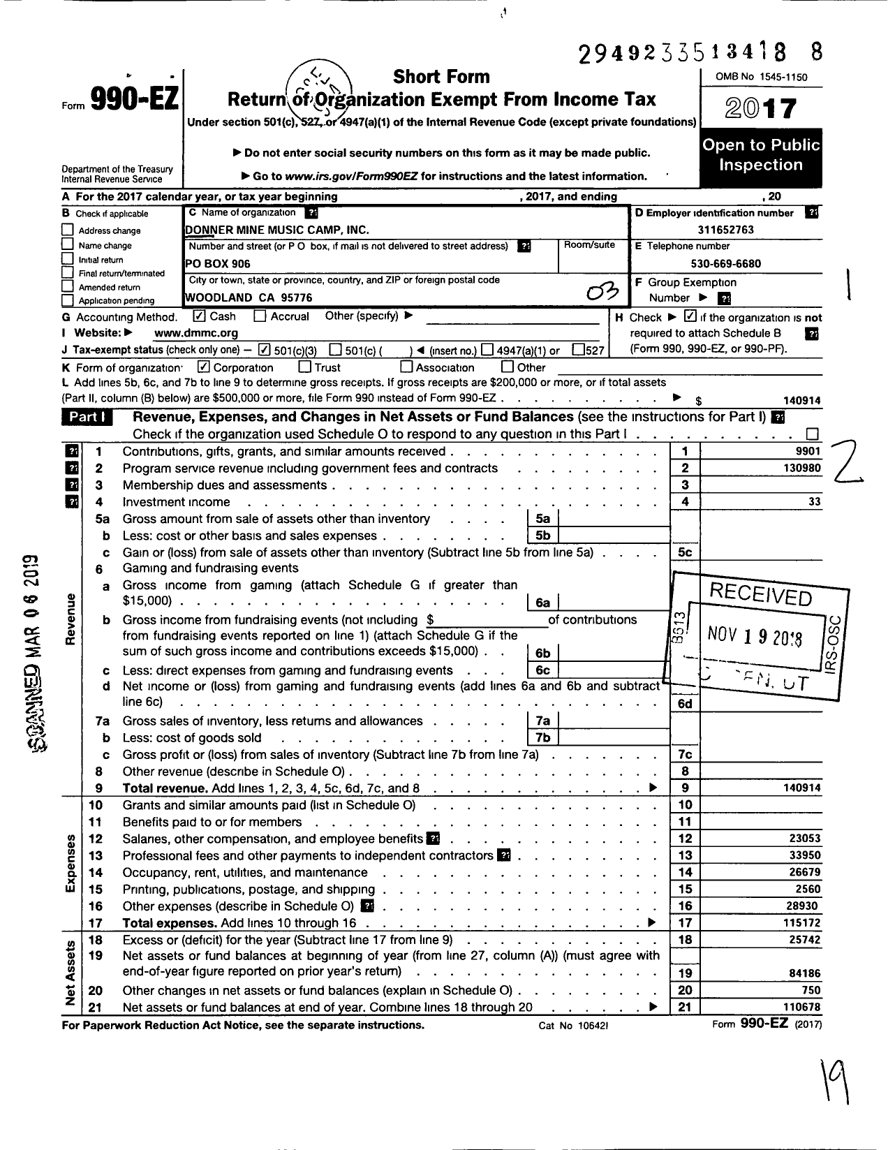 Image of first page of 2017 Form 990EZ for Donner Mine Music Camp