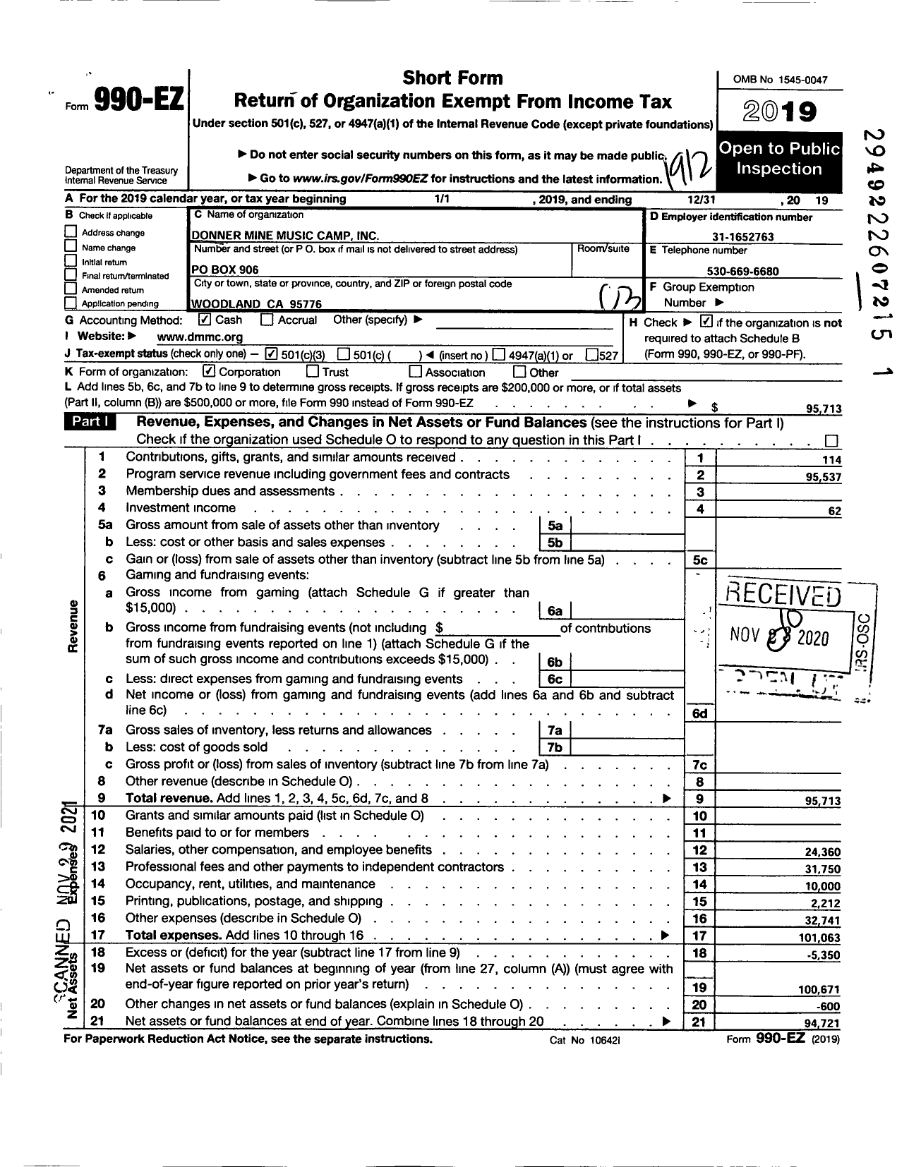 Image of first page of 2019 Form 990EZ for Donner Mine Music Camp