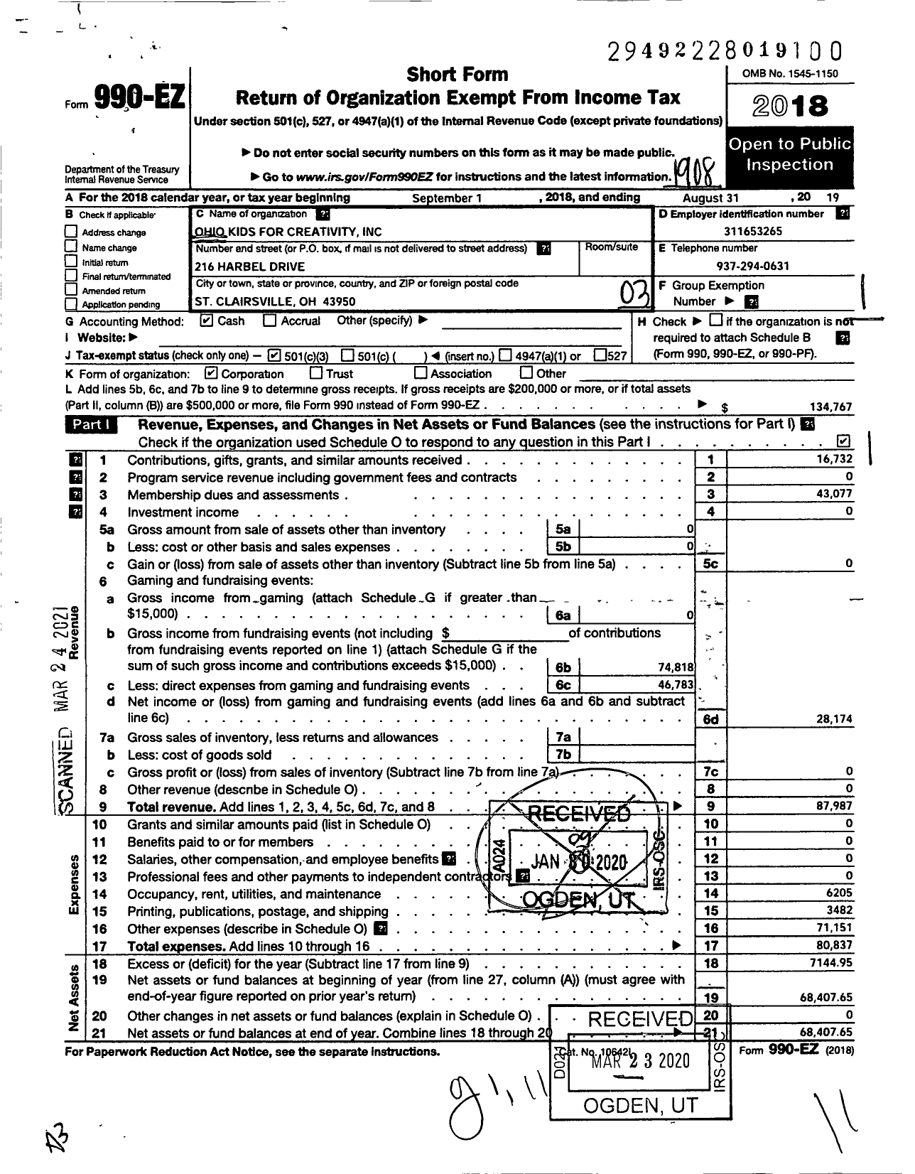 Image of first page of 2018 Form 990EZ for Ohio Kids for Creativity