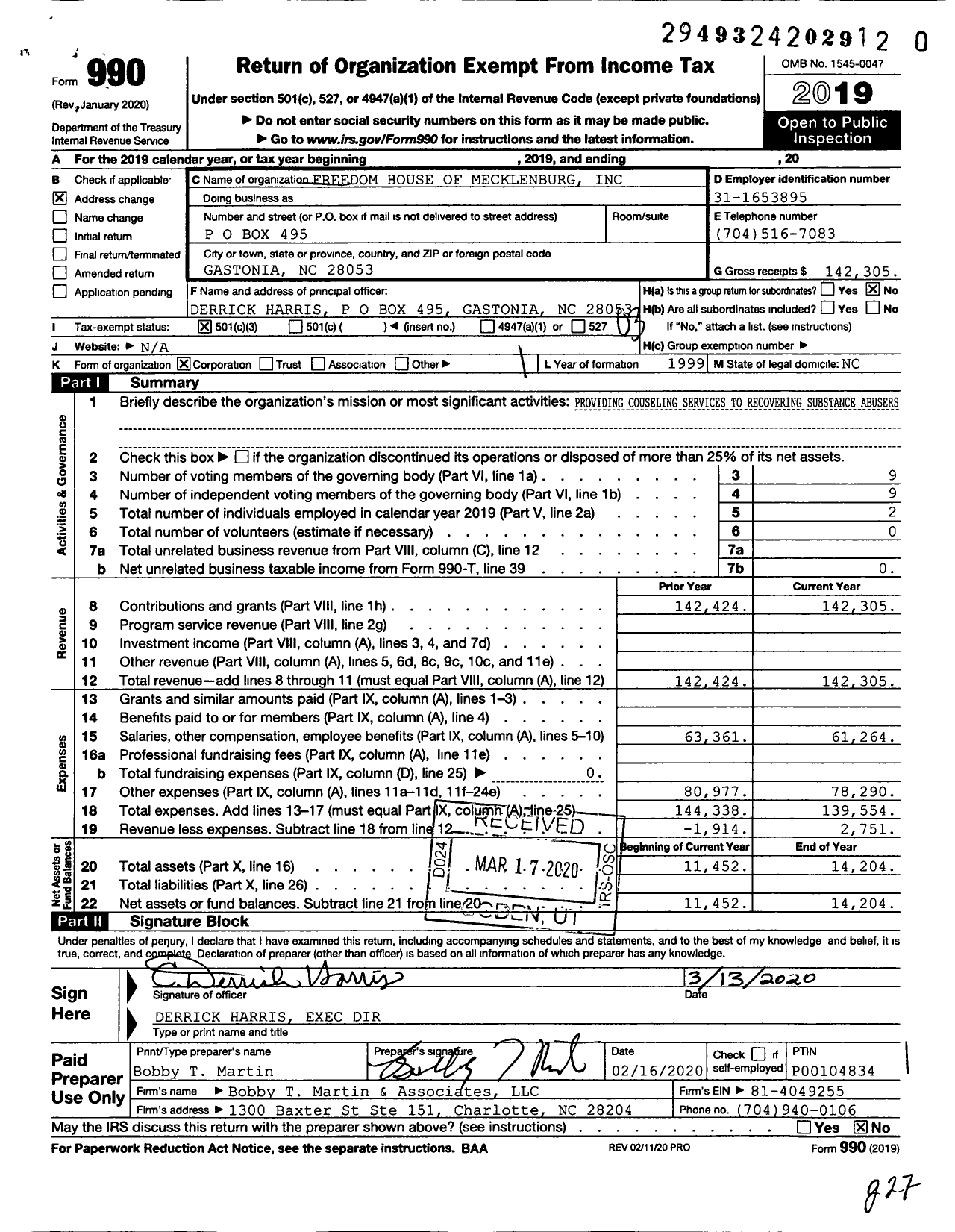 Image of first page of 2019 Form 990 for Freedom House of Mecklenburg