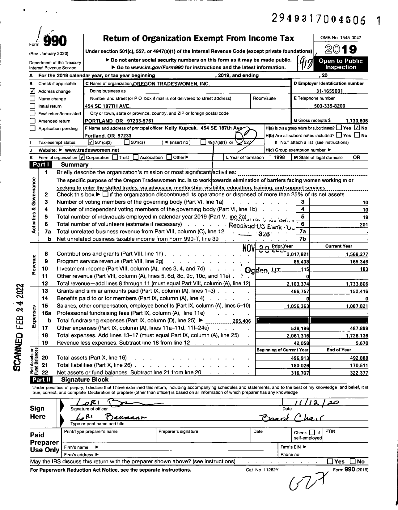 Image of first page of 2019 Form 990 for Oregon Tradeswomen