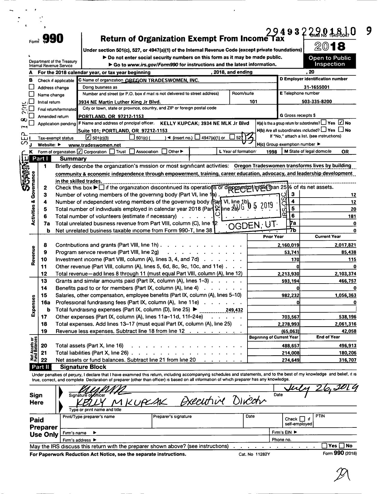 Image of first page of 2018 Form 990 for Oregon Tradeswomen