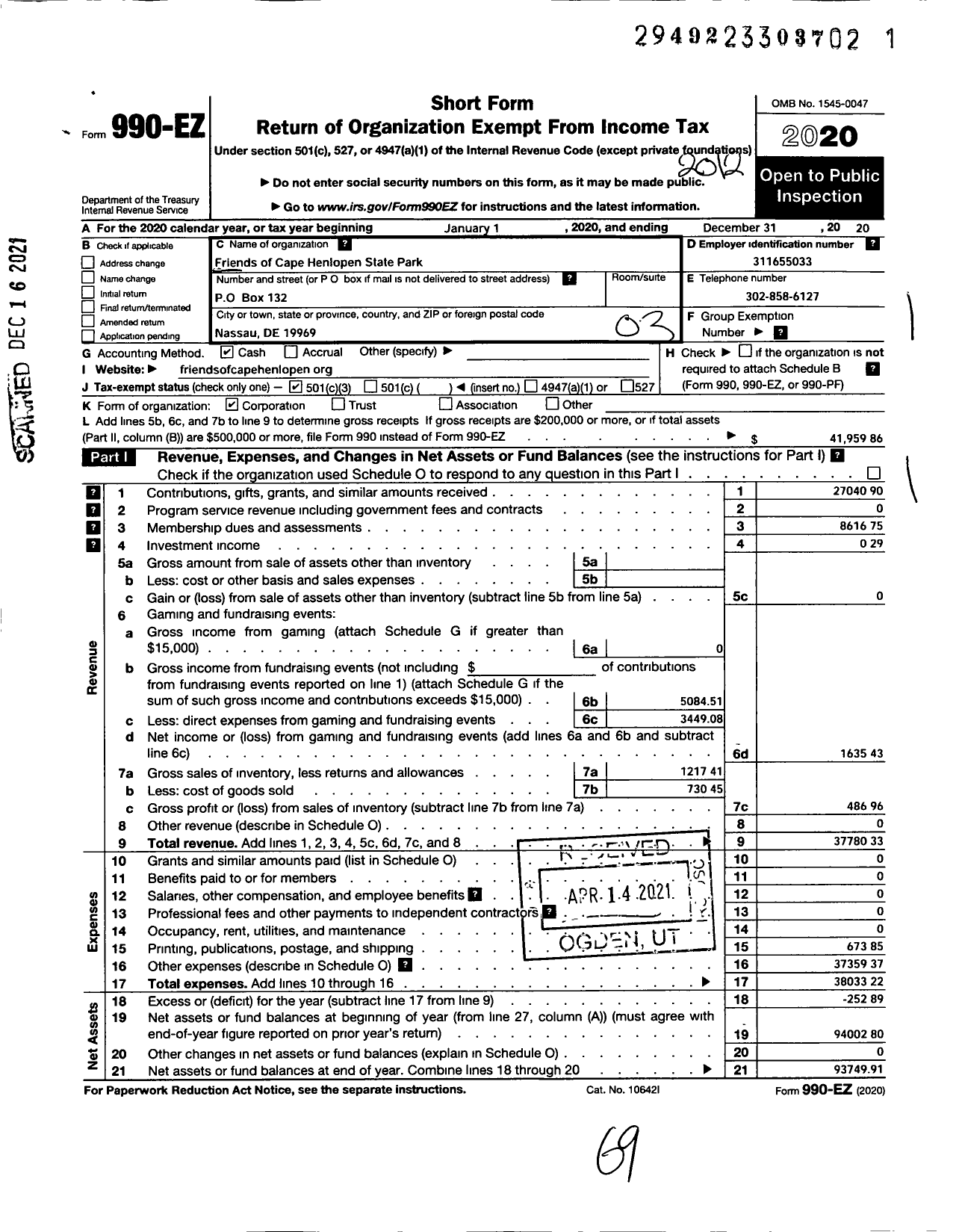 Image of first page of 2020 Form 990EZ for Friends of Cape Henlopen State Park