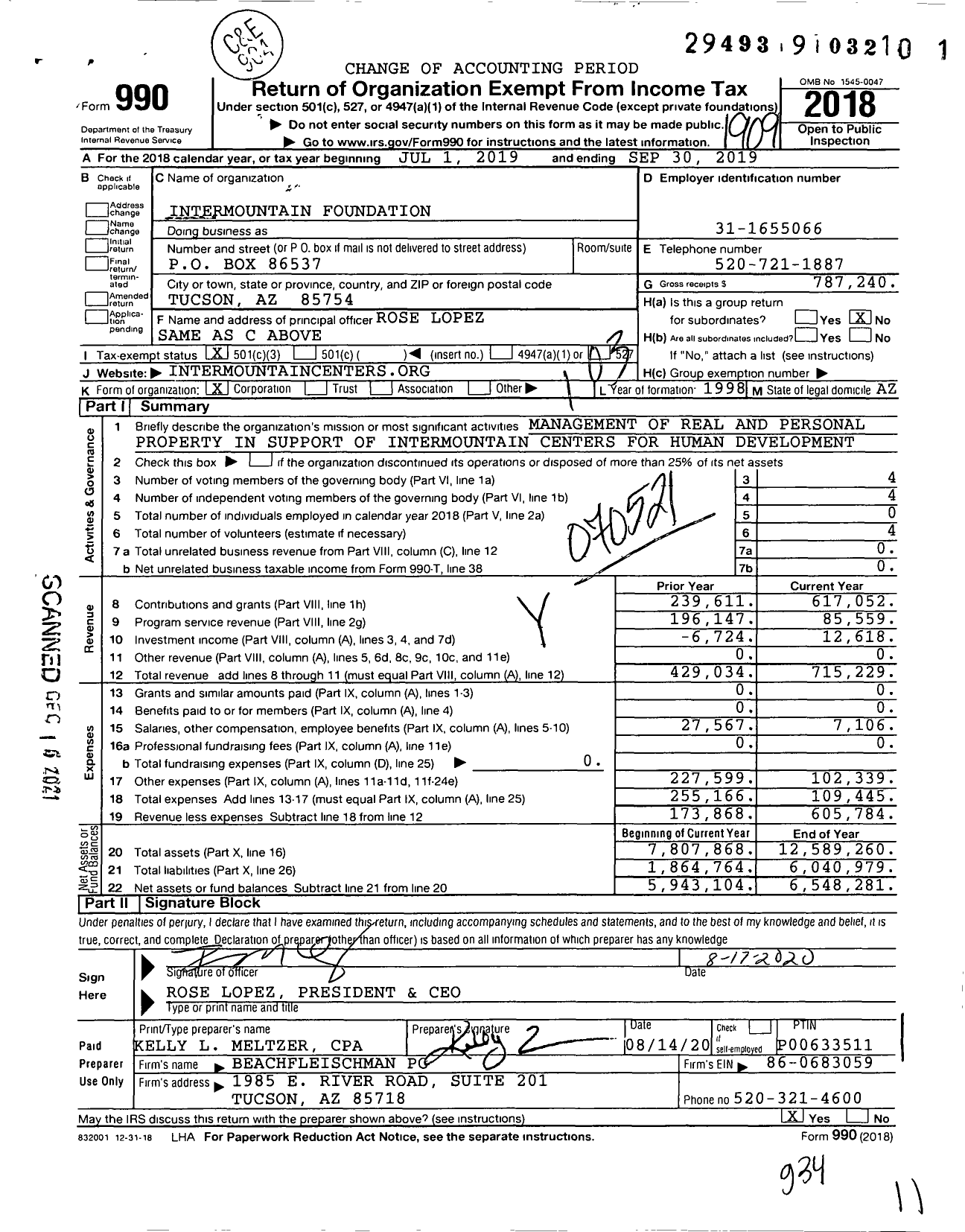 Image of first page of 2018 Form 990 for Intermountain Foundation