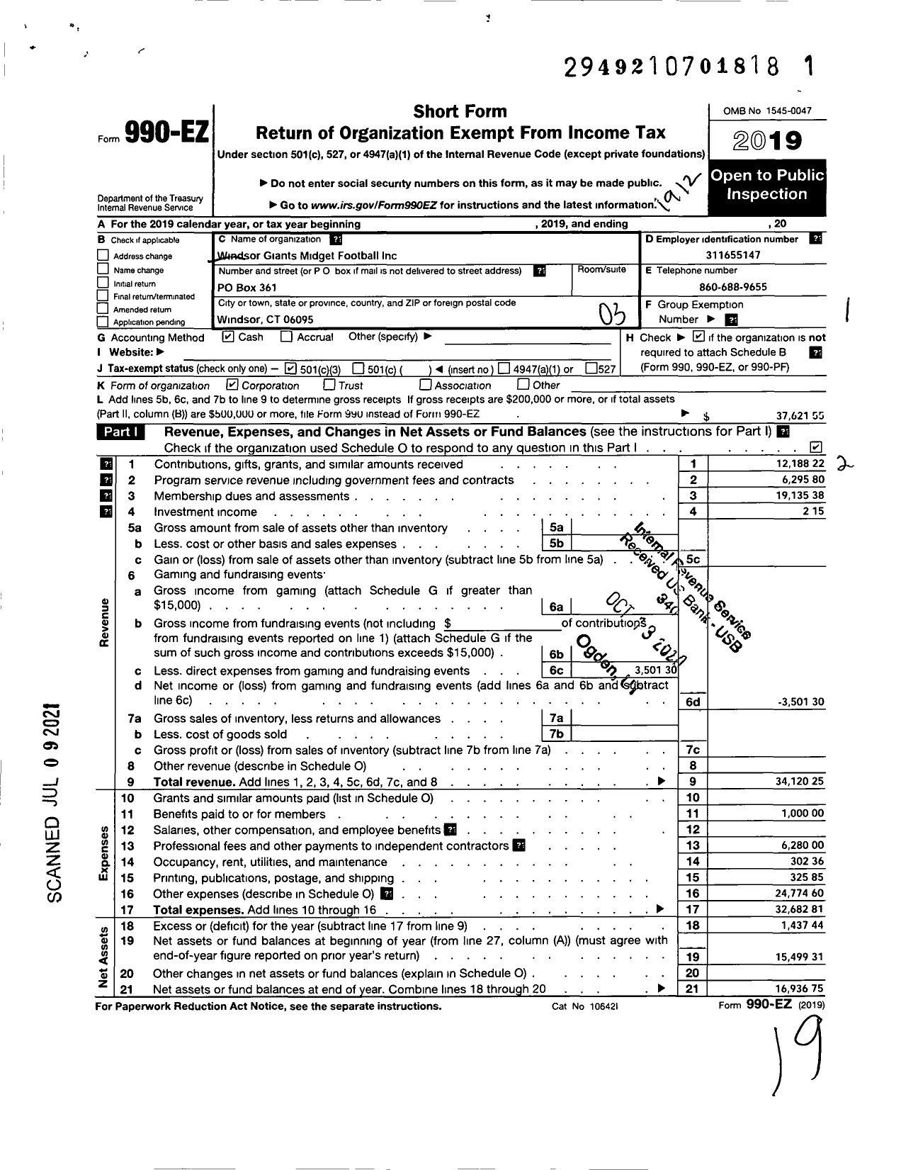 Image of first page of 2019 Form 990EZ for Windsor Giants Midget Football Team