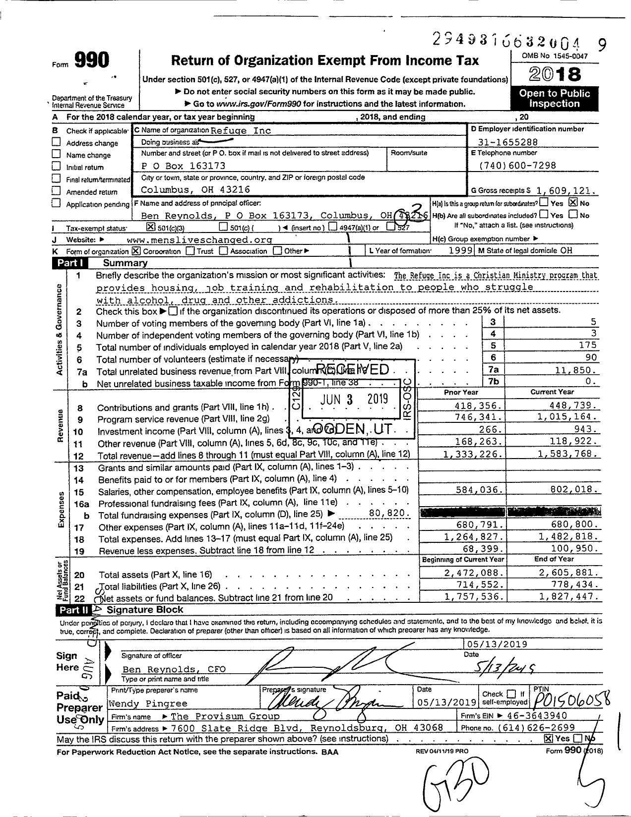 Image of first page of 2018 Form 990 for Refuge