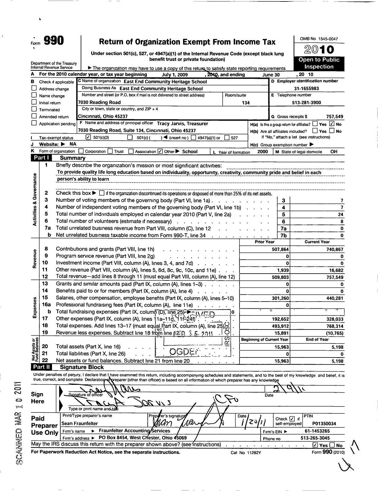 Image of first page of 2009 Form 990 for East End Community Heritage School