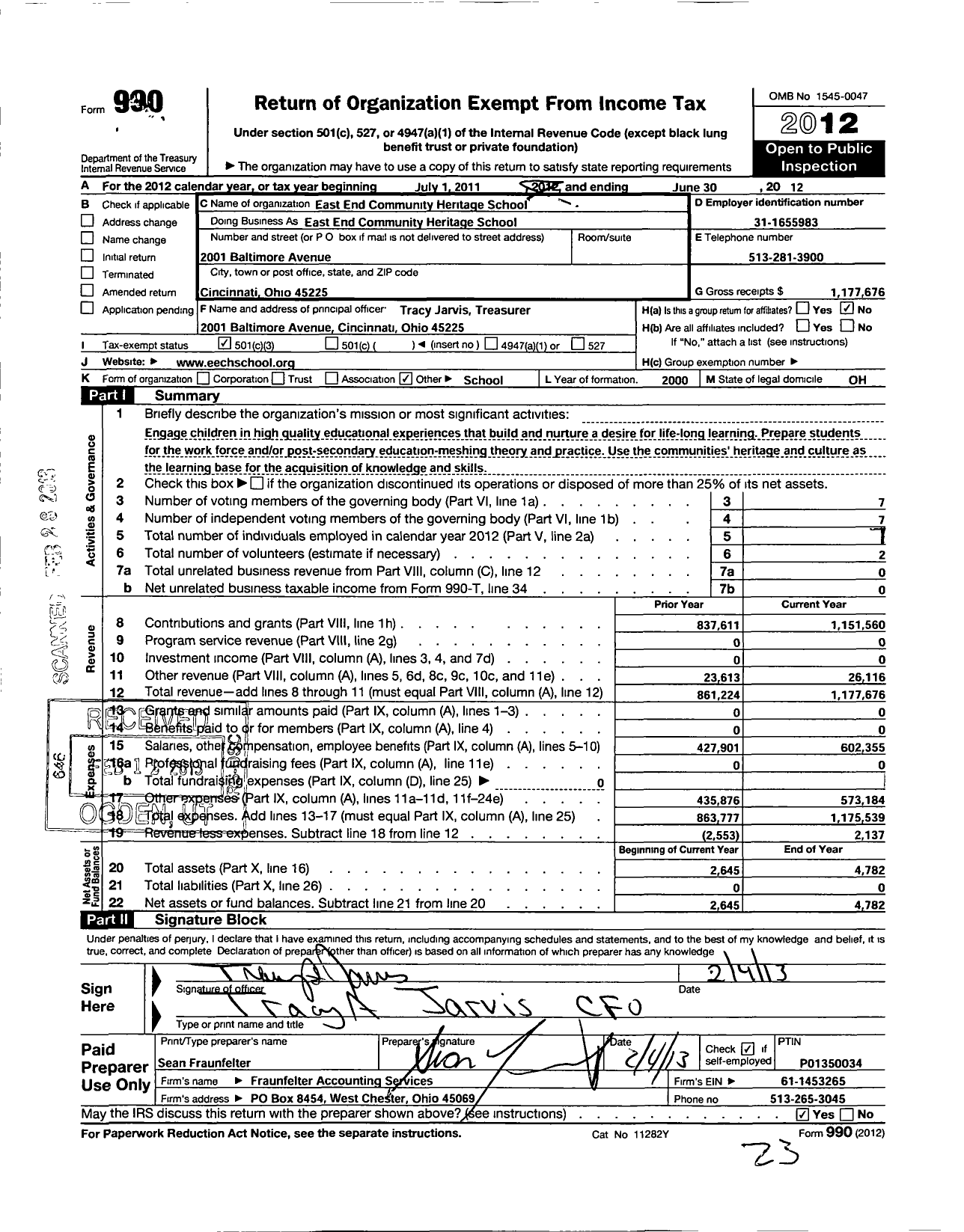 Image of first page of 2011 Form 990 for East End Community Heritage School