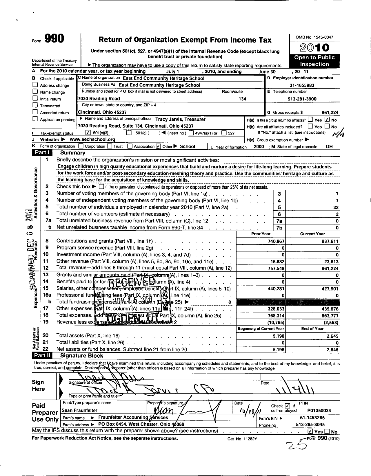 Image of first page of 2010 Form 990 for East End Community Heritage School