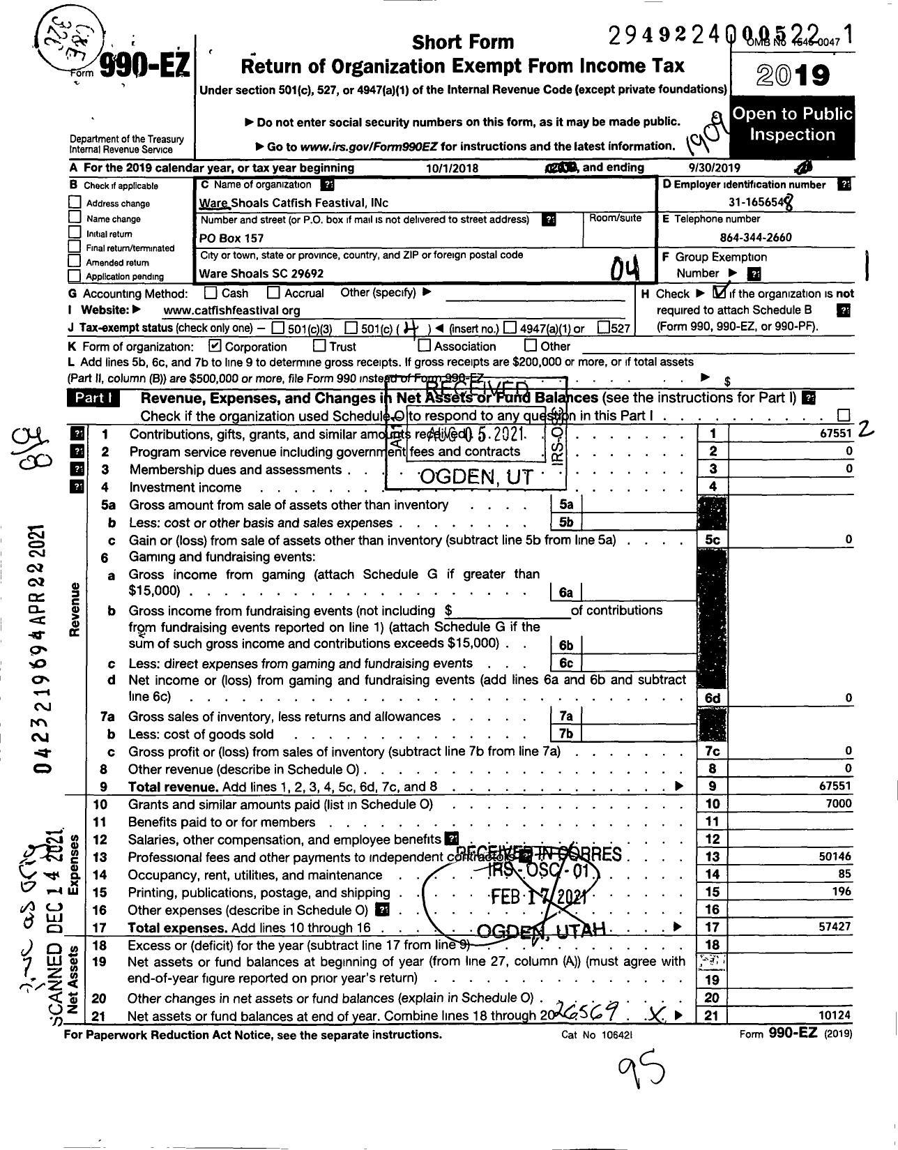 Image of first page of 2018 Form 990EO for Ware Shoals Catfish Feastival