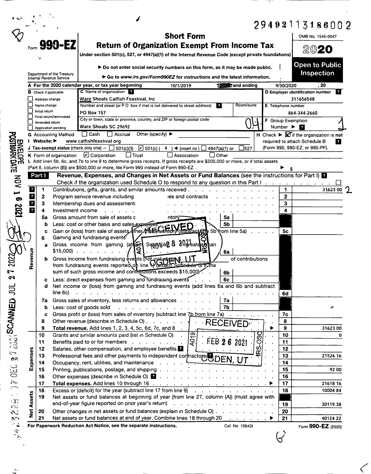 Image of first page of 2019 Form 990EO for Ware Shoals Catfish Feastival