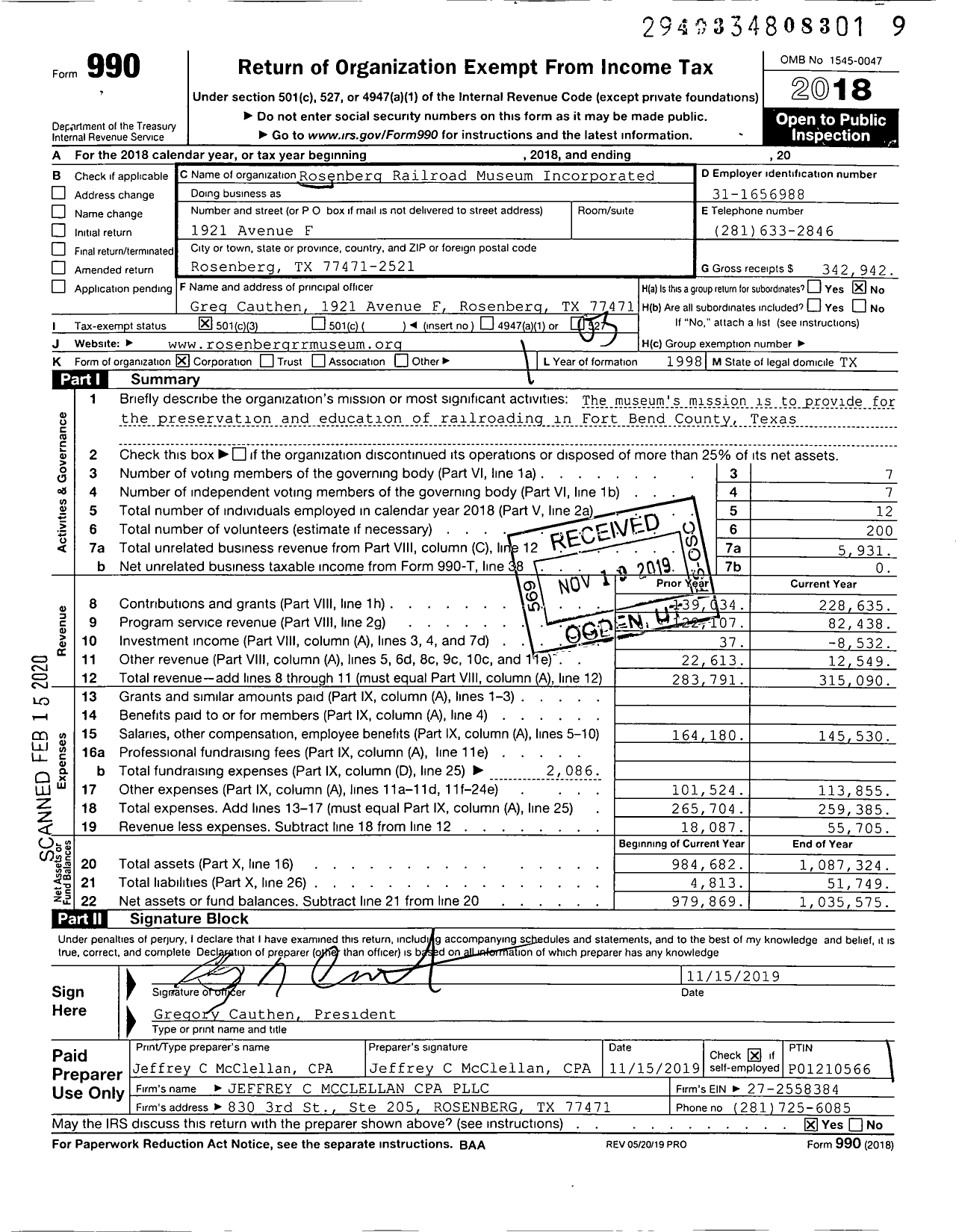 Image of first page of 2018 Form 990 for Rosenberg Railroad Museum Incorporated