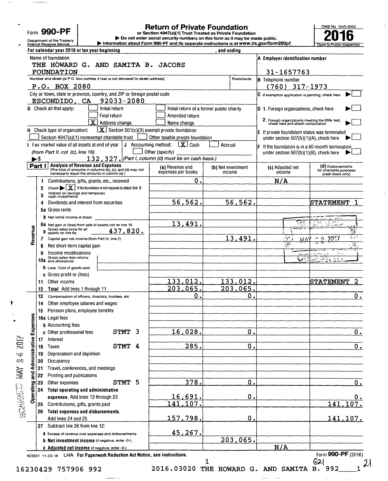 Image of first page of 2016 Form 990PF for The Howard G and Samita B Jacobs Foundation
