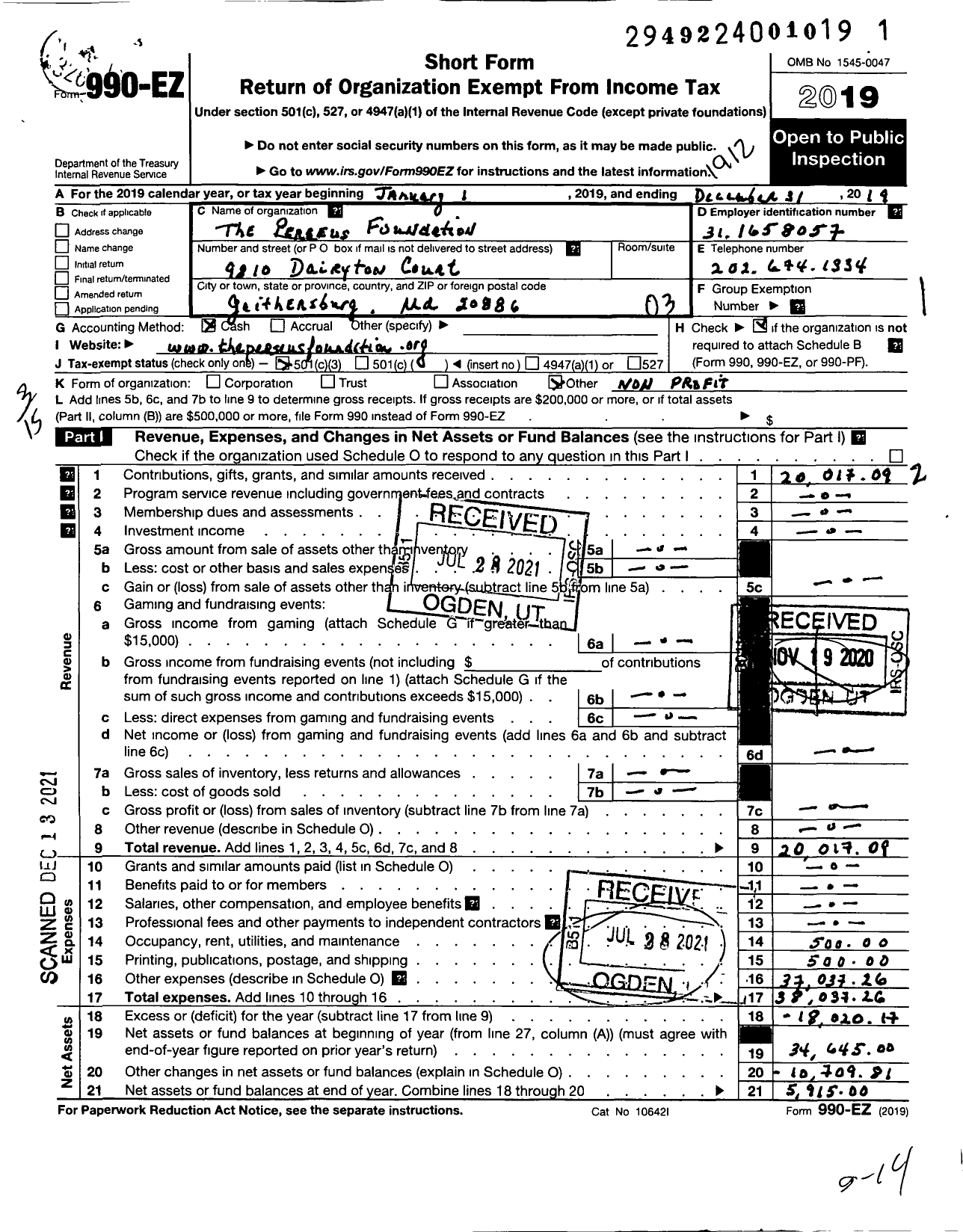 Image of first page of 2019 Form 990EZ for The Perseus Foundation