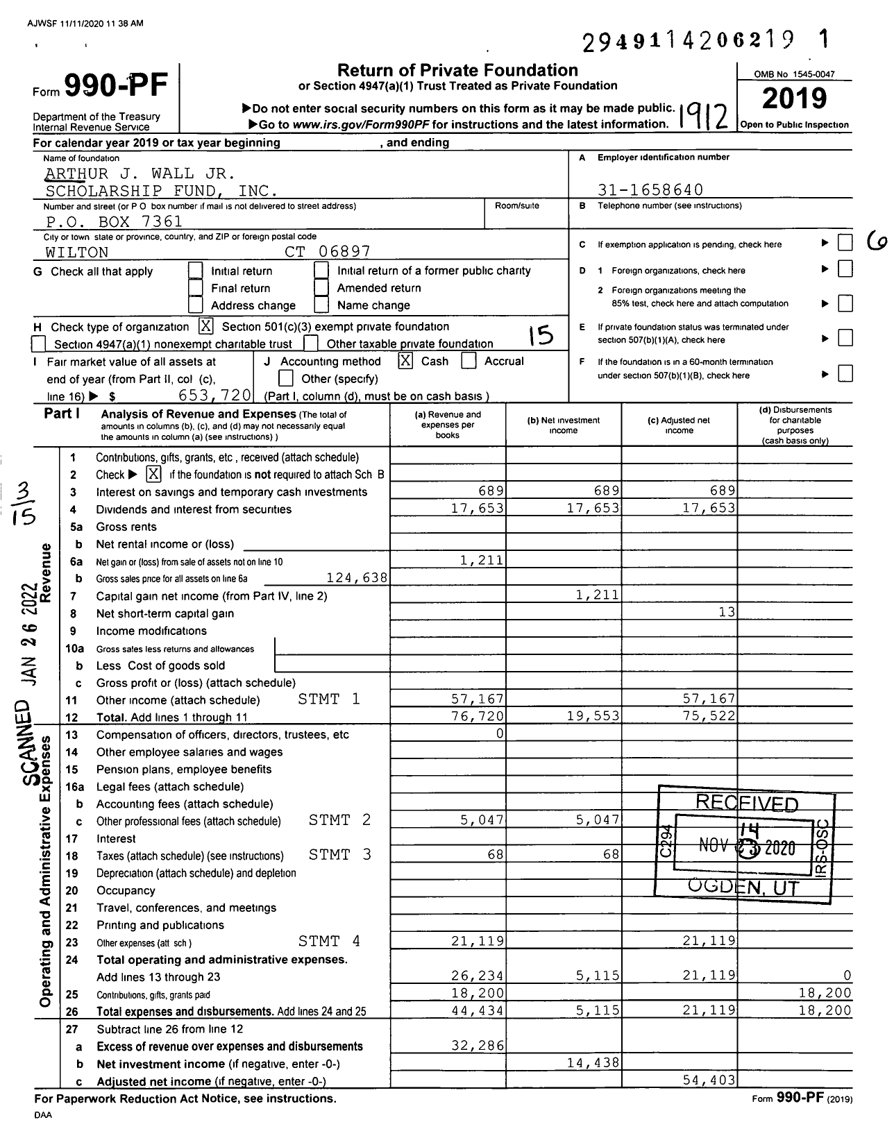 Image of first page of 2019 Form 990PF for Arthur J Wall JR Scholarship Fund