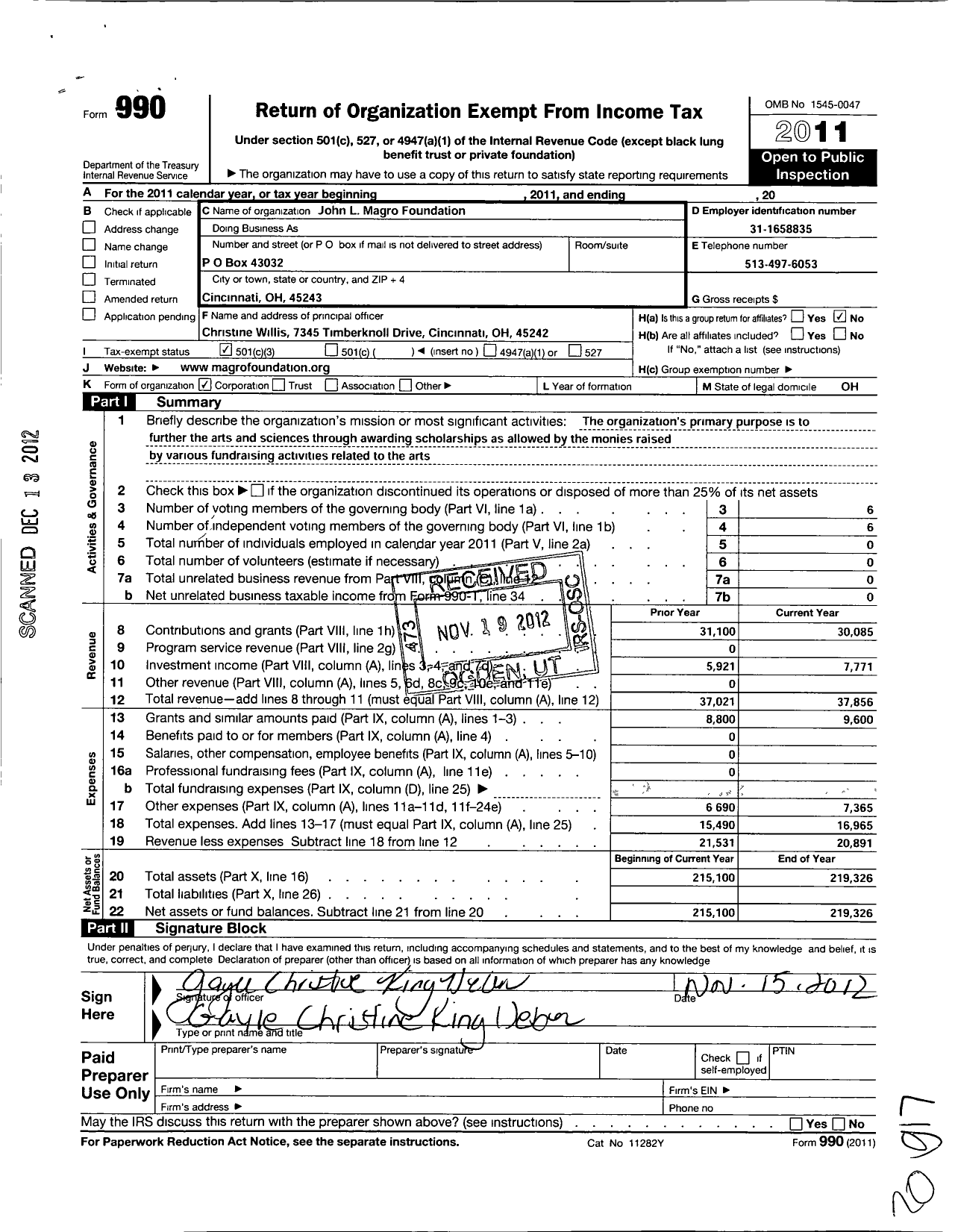 Image of first page of 2011 Form 990 for John L Magro Foundation