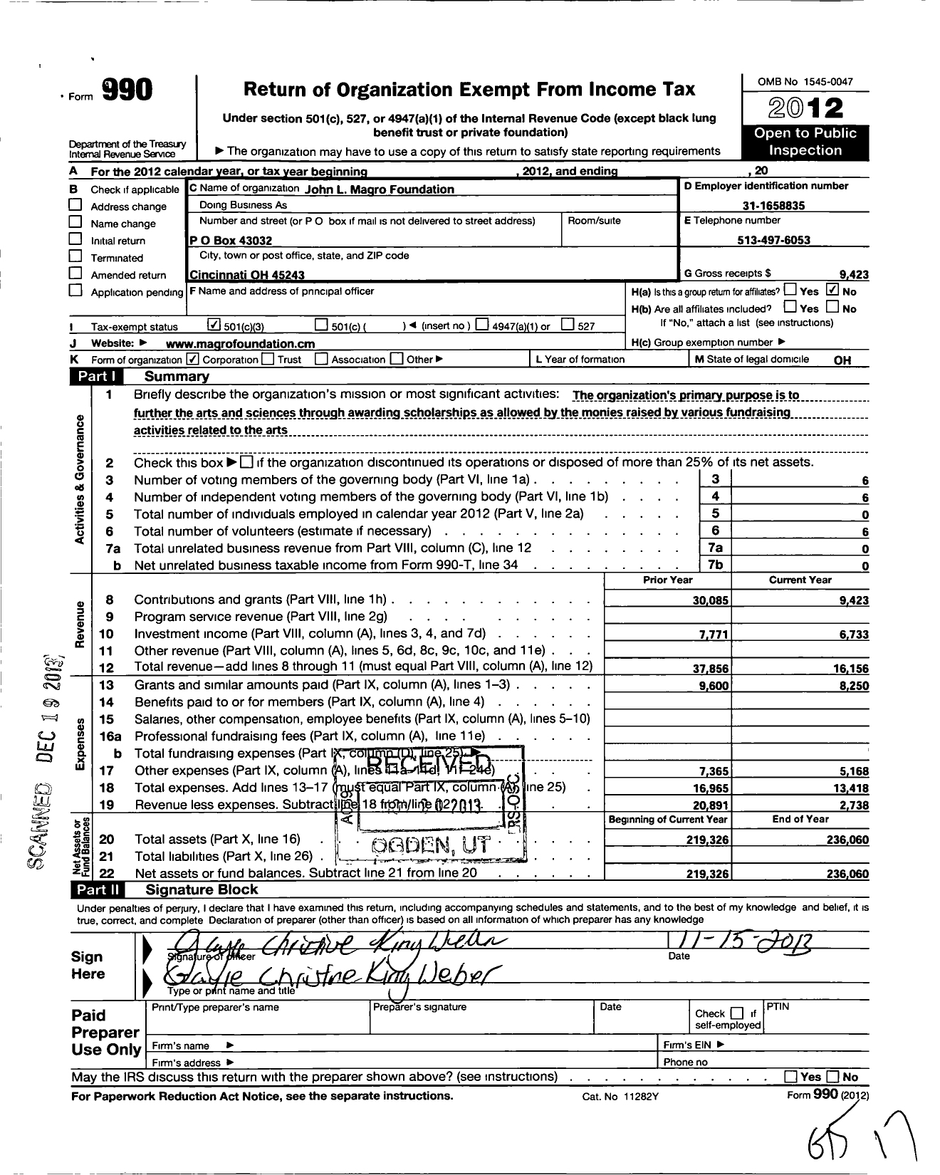 Image of first page of 2012 Form 990 for John L Magro Foundation