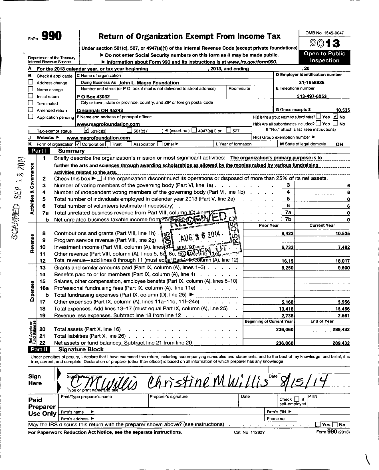 Image of first page of 2013 Form 990 for John L Magro Foundation