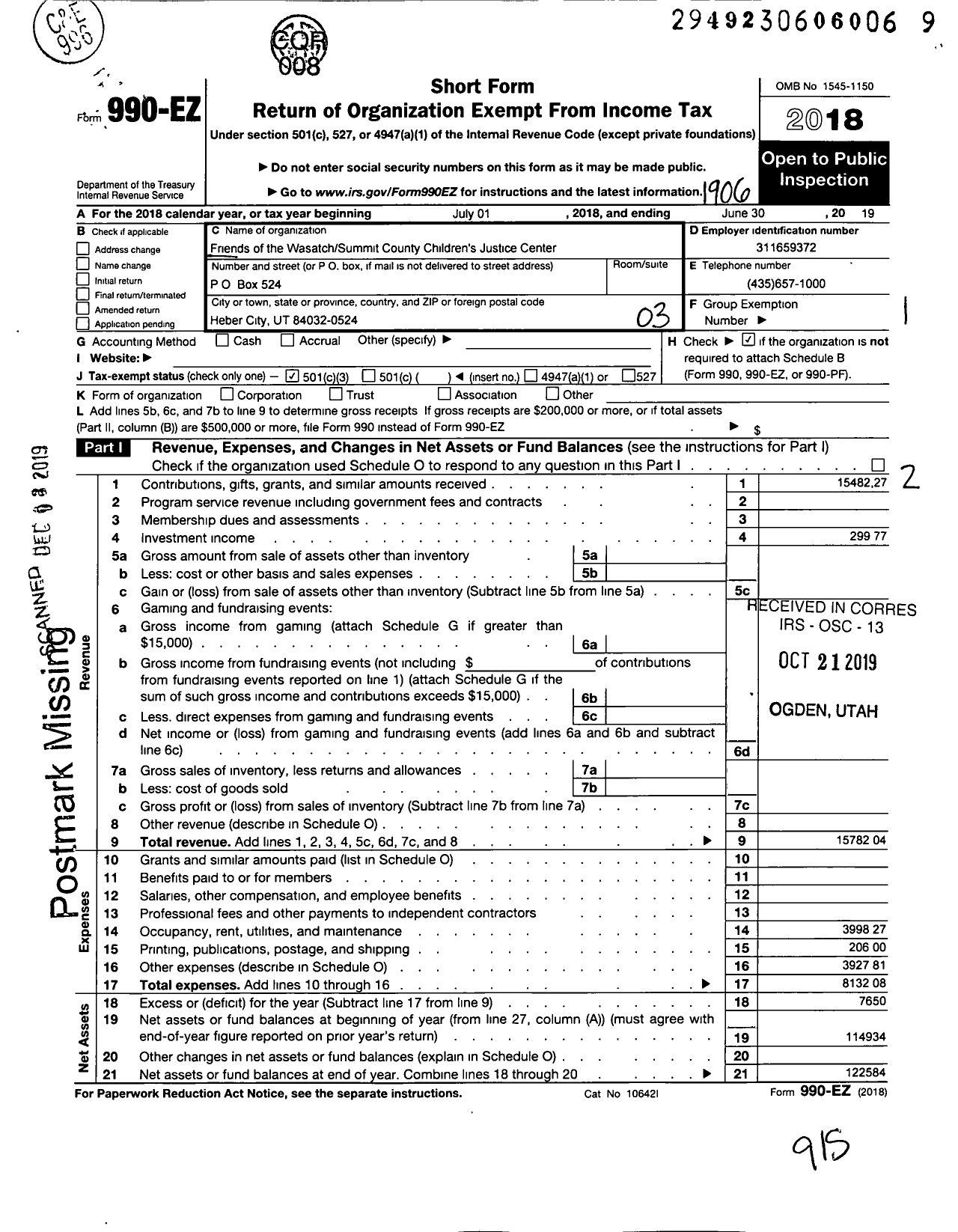 Image of first page of 2018 Form 990EZ for Friends of Wasatch Summit Counties Childrens Justice Center