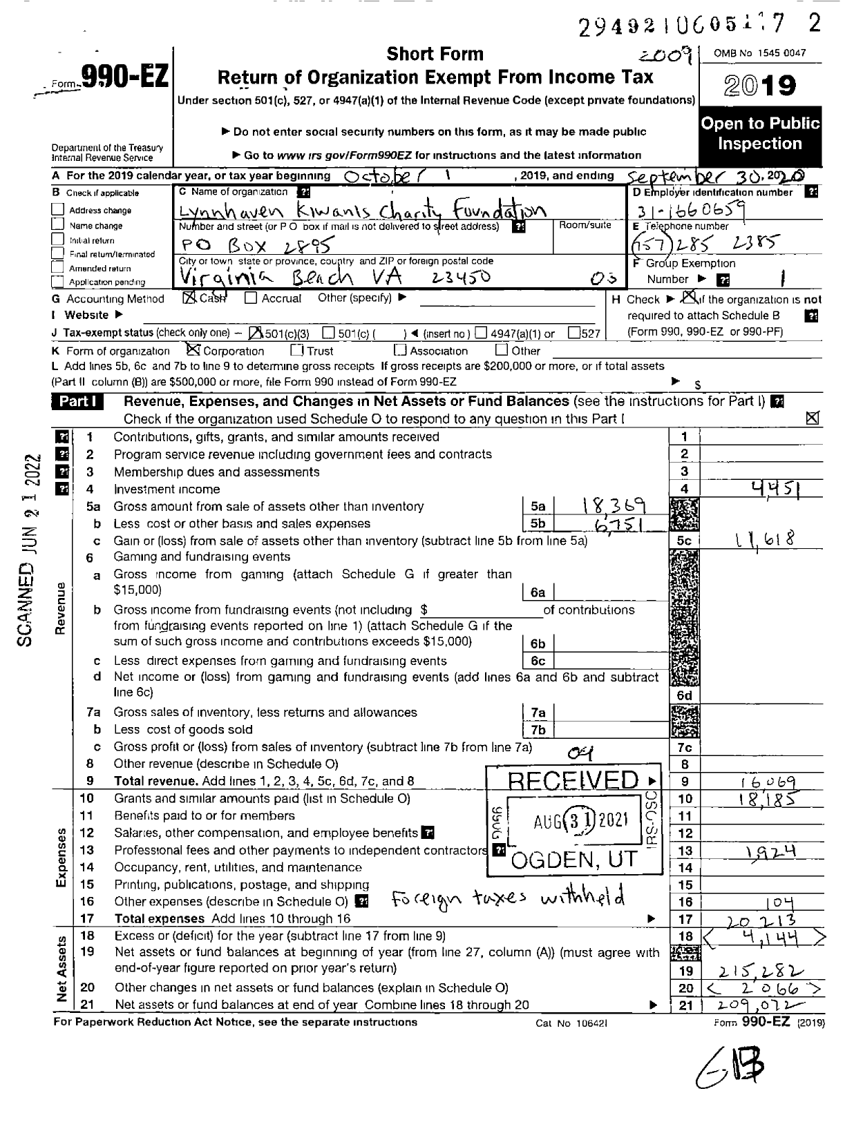 Image of first page of 2019 Form 990EZ for Lynnhaven Kiwanis Charity Foundation