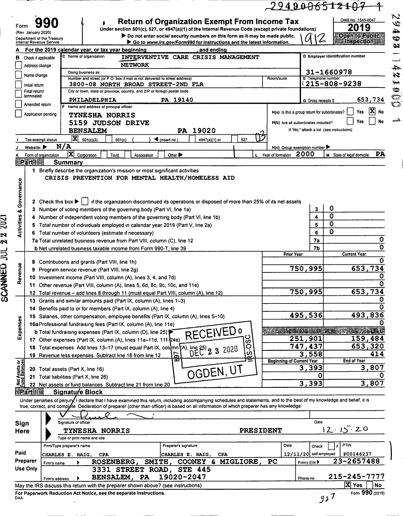 Image of first page of 2019 Form 990 for Interventive Care Crisis Management Network