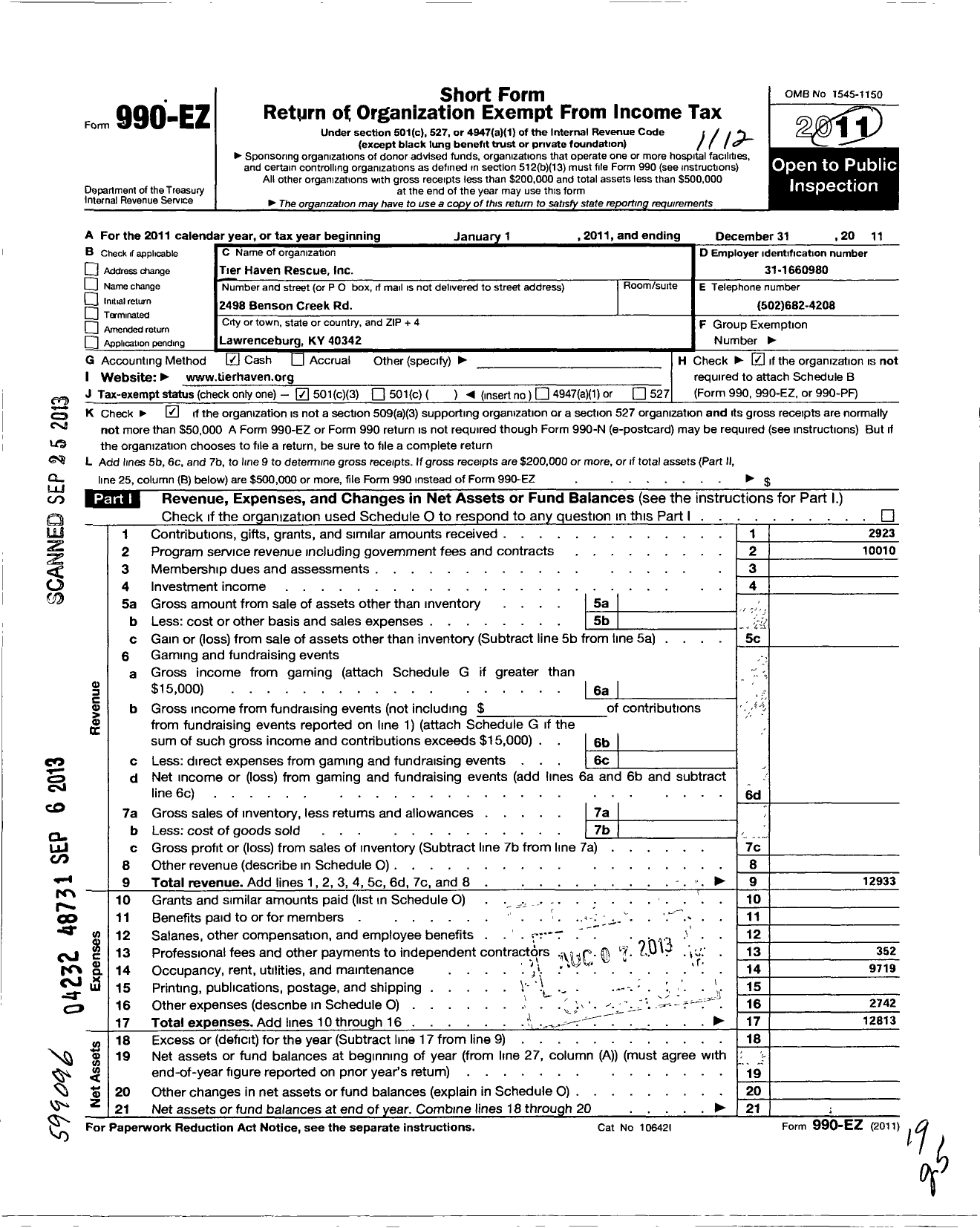 Image of first page of 2011 Form 990EZ for Tier Haven Rescue