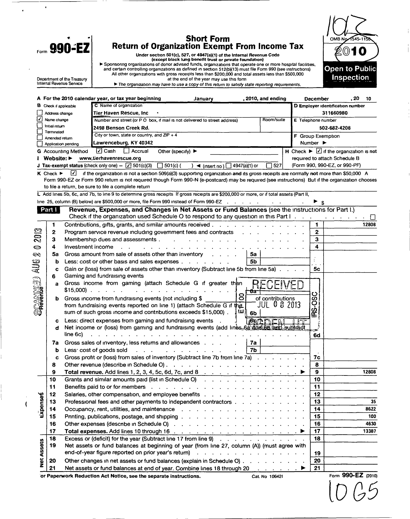 Image of first page of 2010 Form 990EZ for Tier Haven Rescue