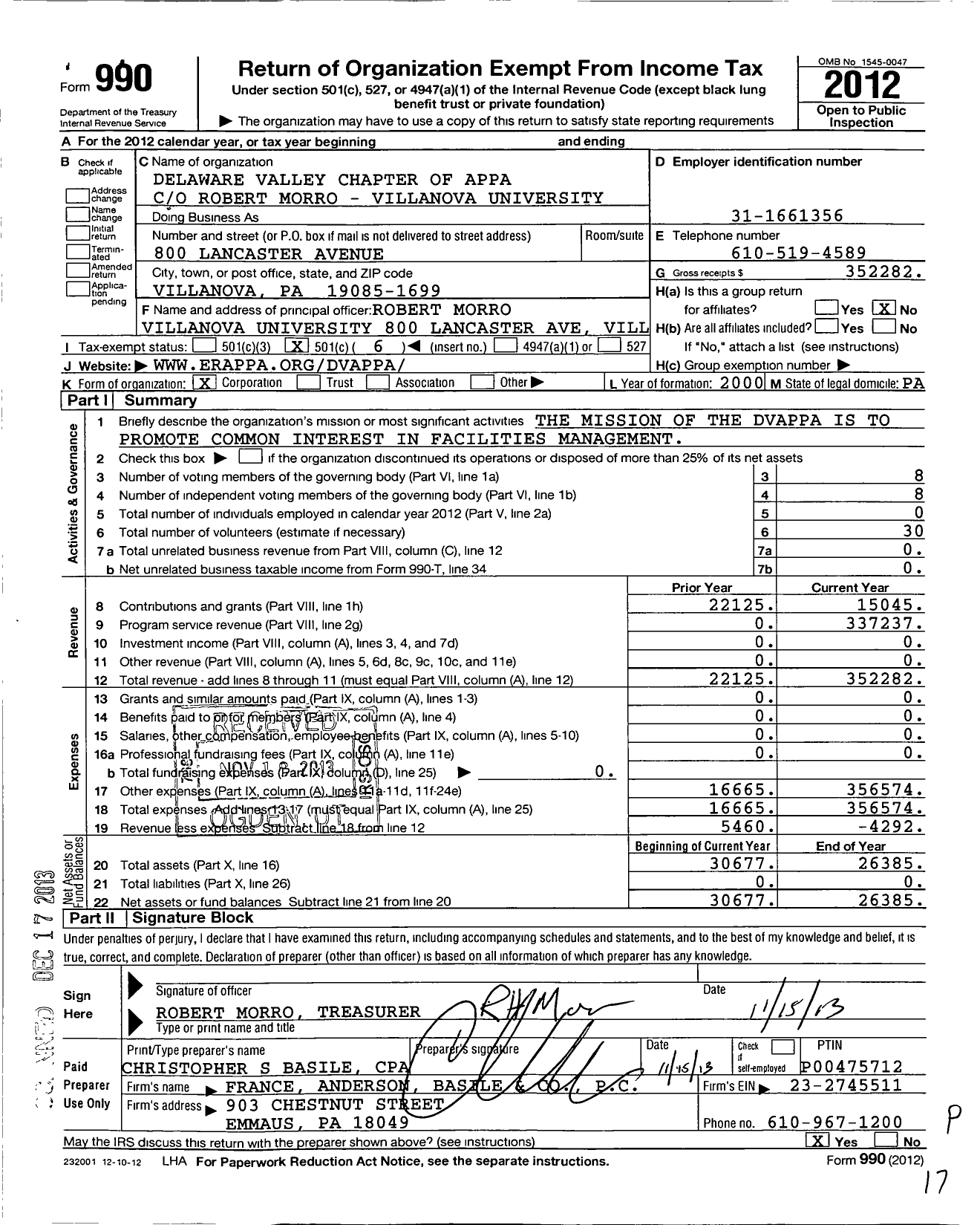 Image of first page of 2012 Form 990O for Delaware Valley Chapter of Appa