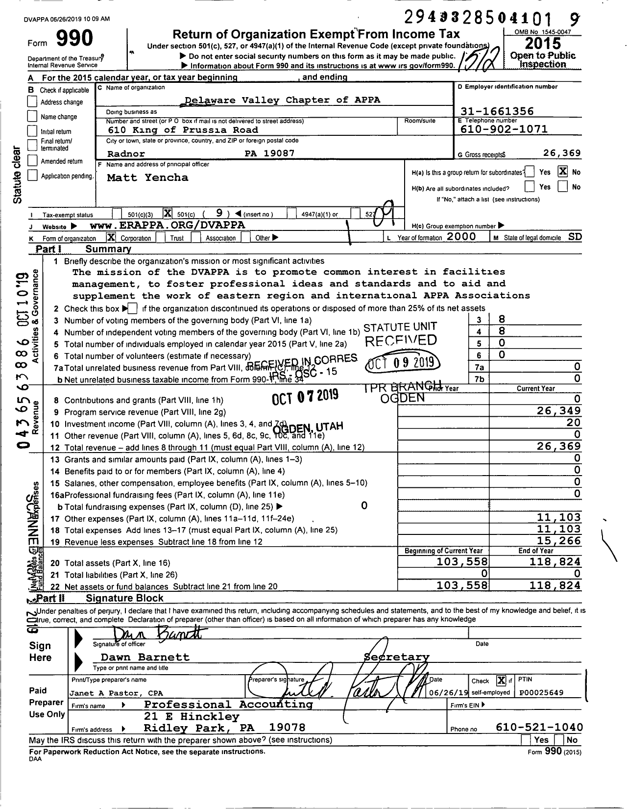 Image of first page of 2015 Form 990O for Delaware Valley Chapter of Appa