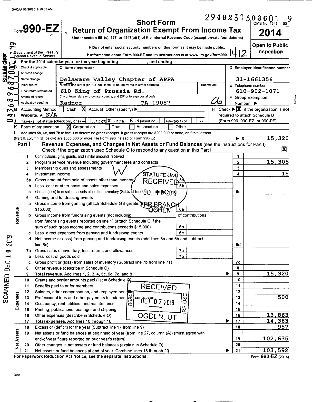 Image of first page of 2014 Form 990EO for Delaware Valley Chapter of Appa