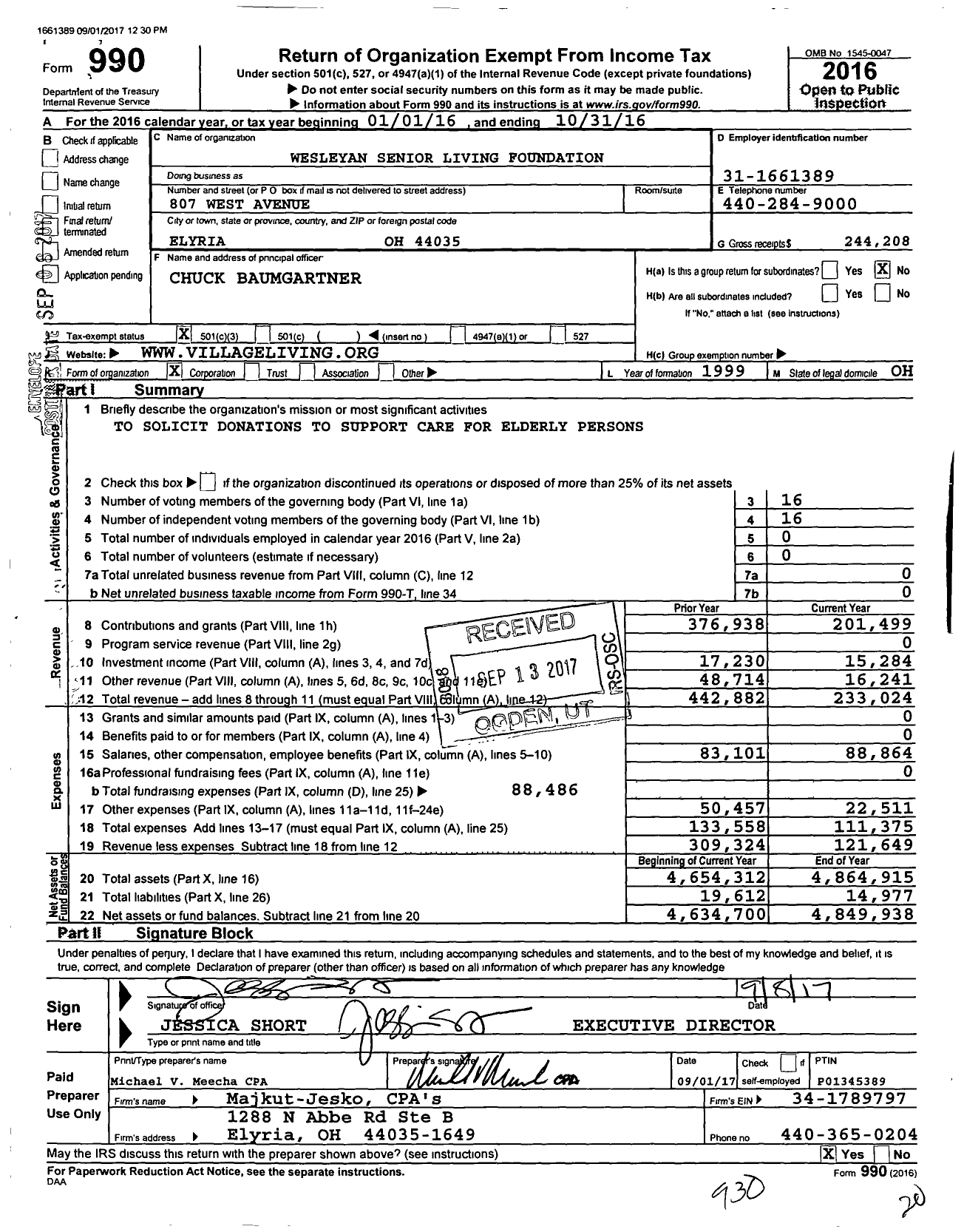 Image of first page of 2015 Form 990 for Wesleyan Senior Living Foundation