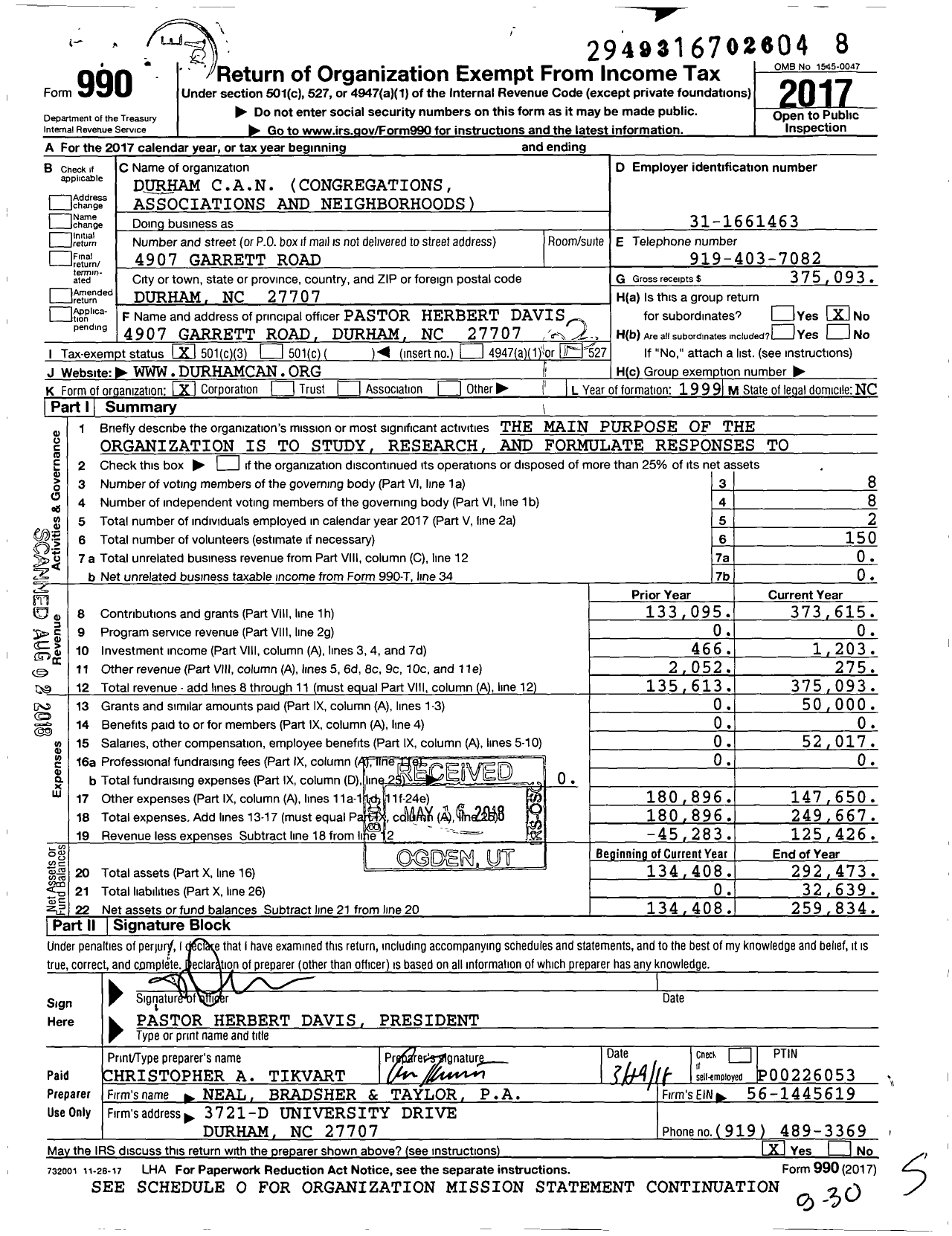 Image of first page of 2017 Form 990 for Durham Can