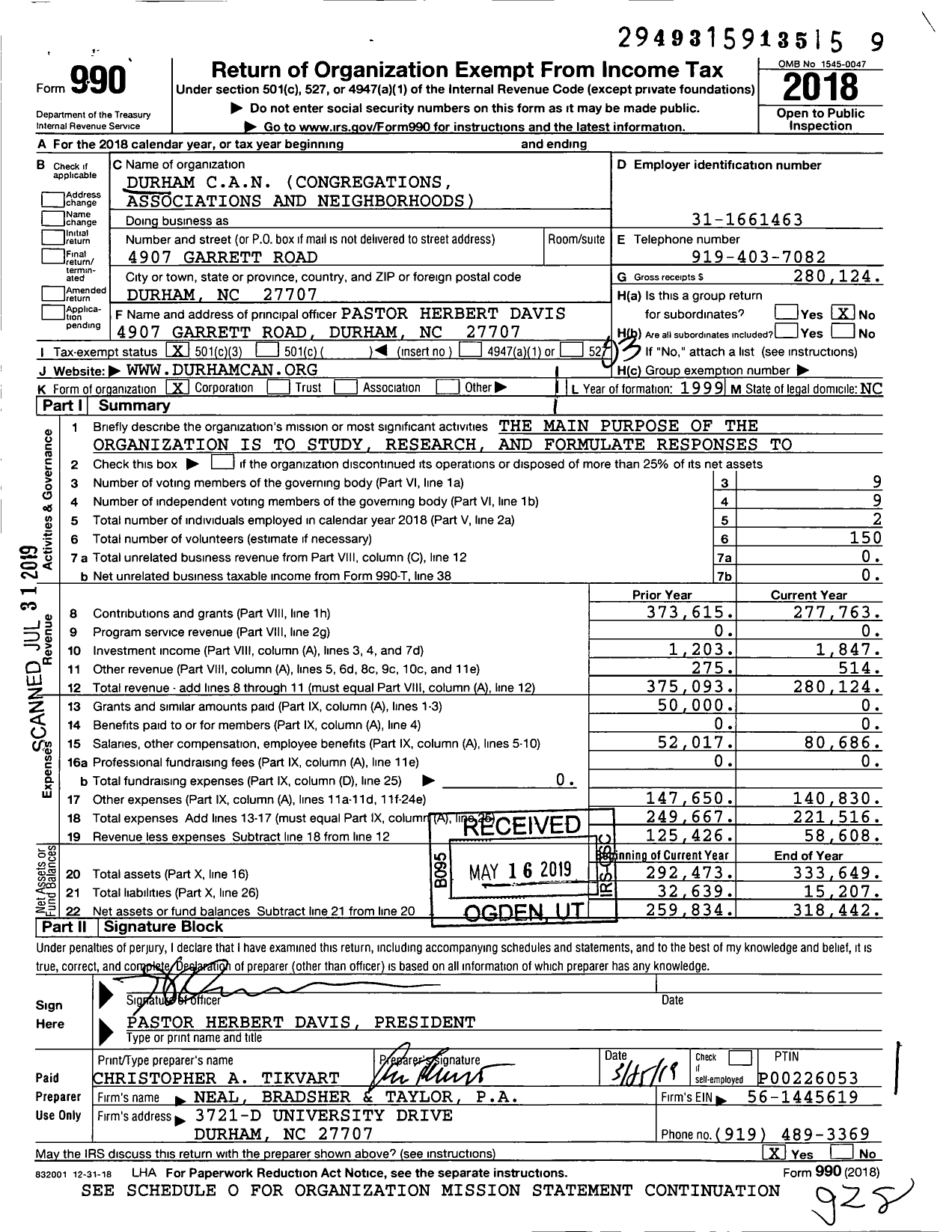 Image of first page of 2018 Form 990 for Durham Can