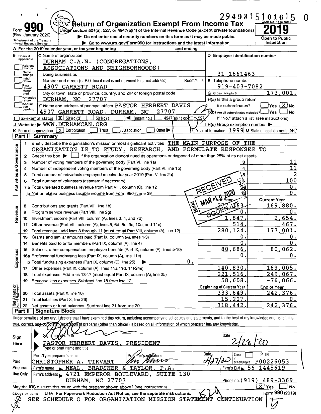 Image of first page of 2019 Form 990 for Durham Can