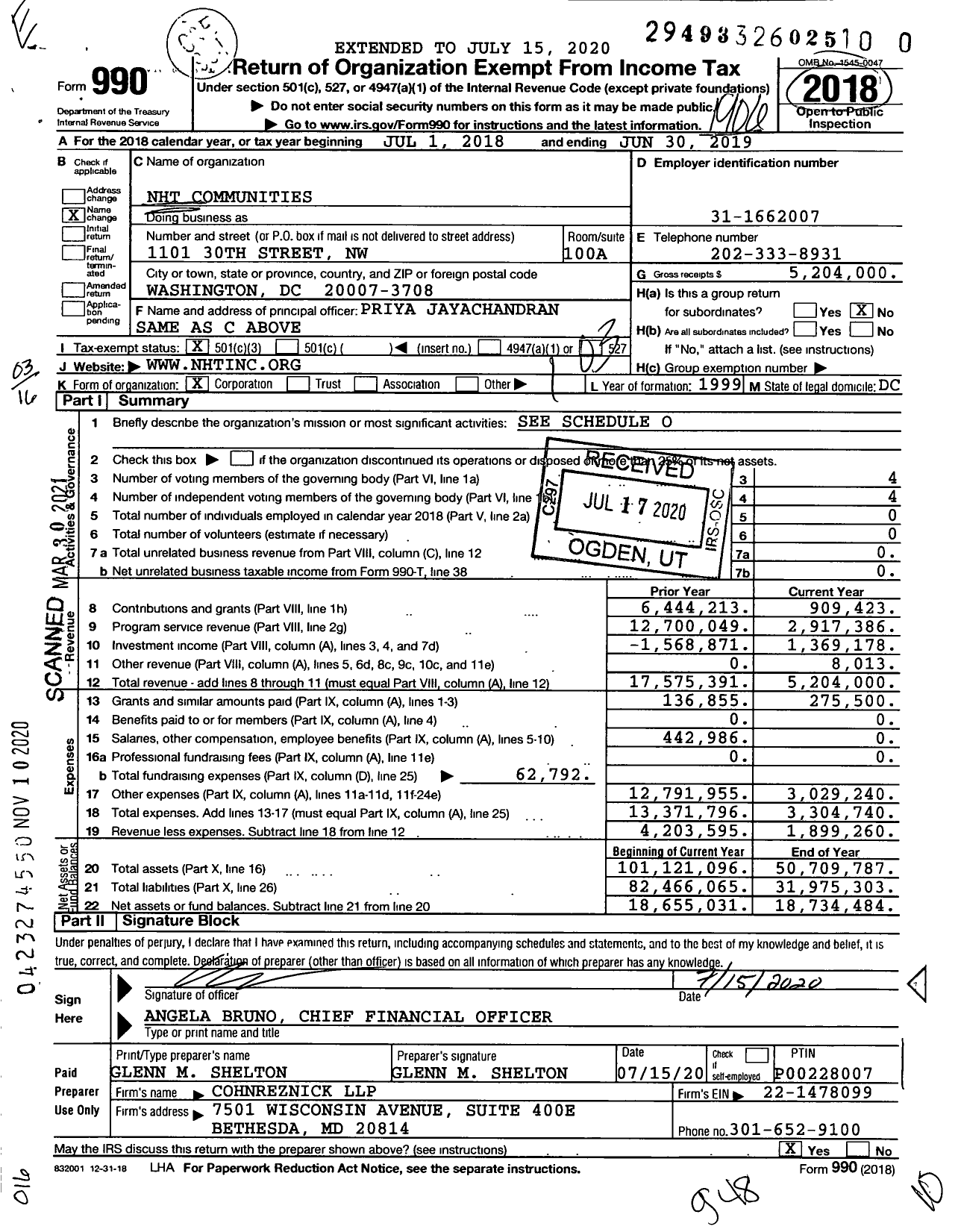 Image of first page of 2018 Form 990 for NHT Communities