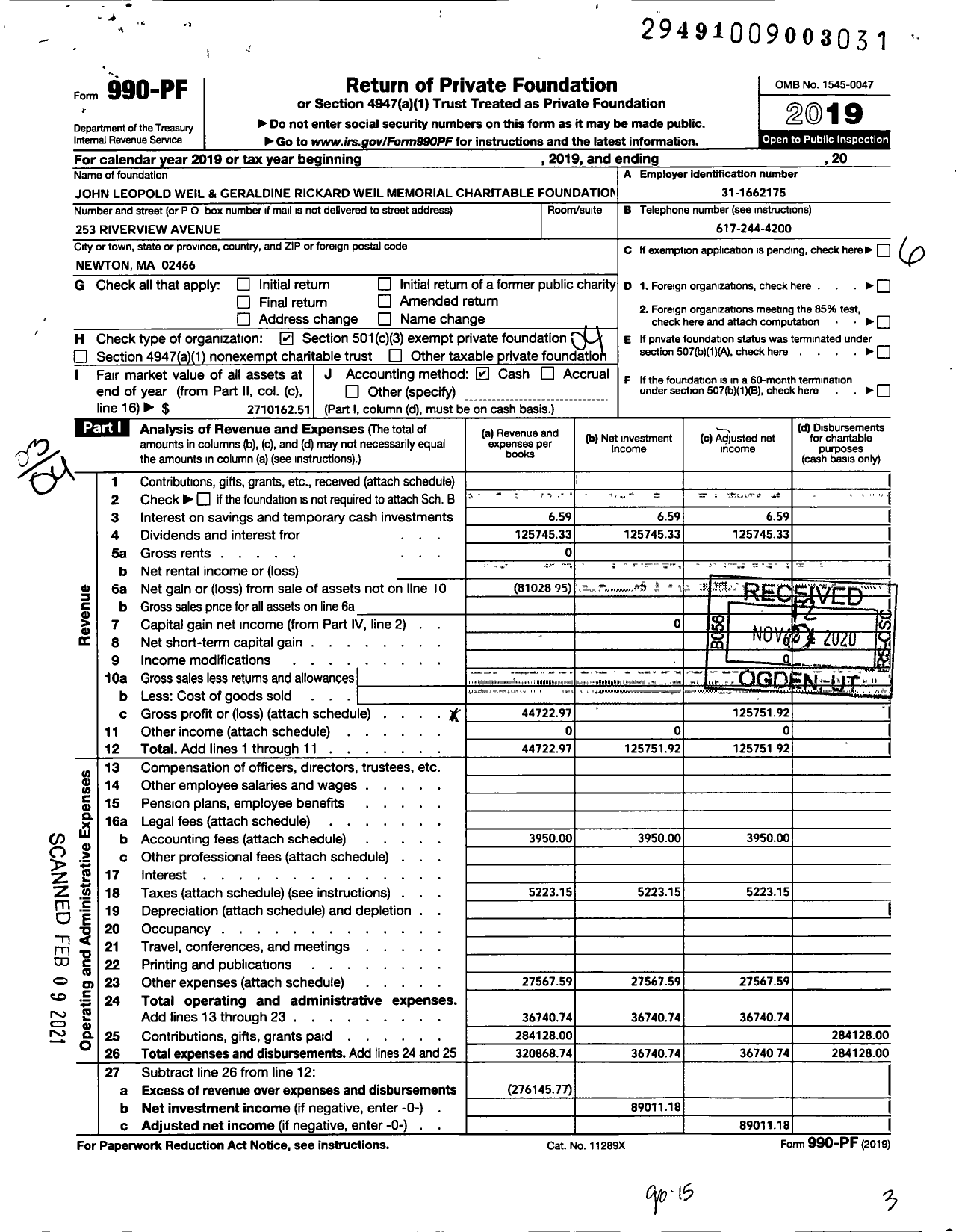 Image of first page of 2019 Form 990PF for John Leopold Weil and Geraldine Rickard Weil Memorial Charitable Foundation