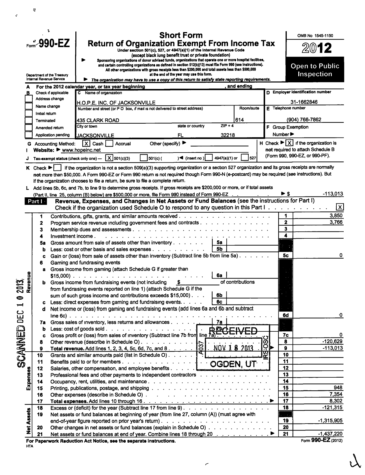 Image of first page of 2012 Form 990EZ for H O P E of Jacksonville