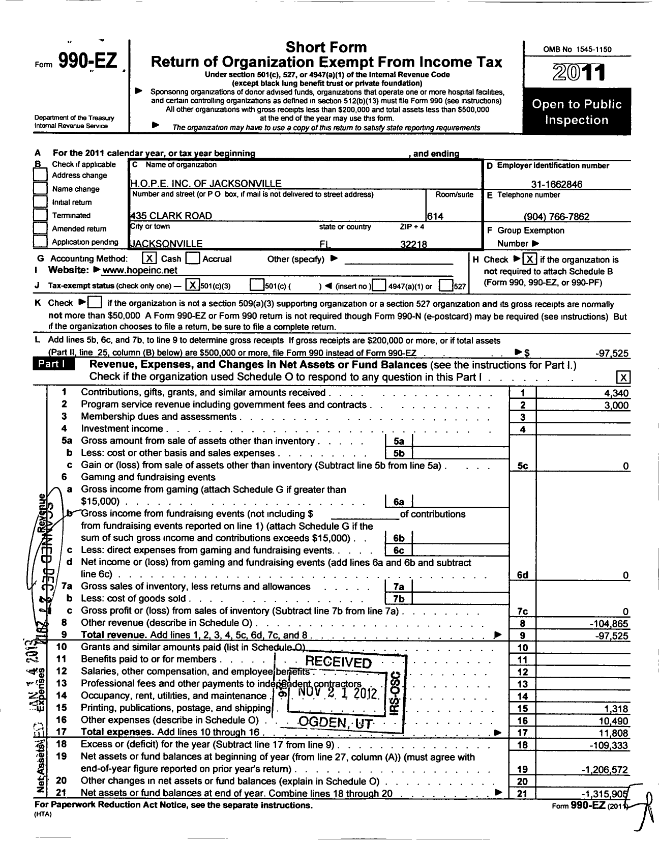 Image of first page of 2011 Form 990EZ for H O P E of Jacksonville