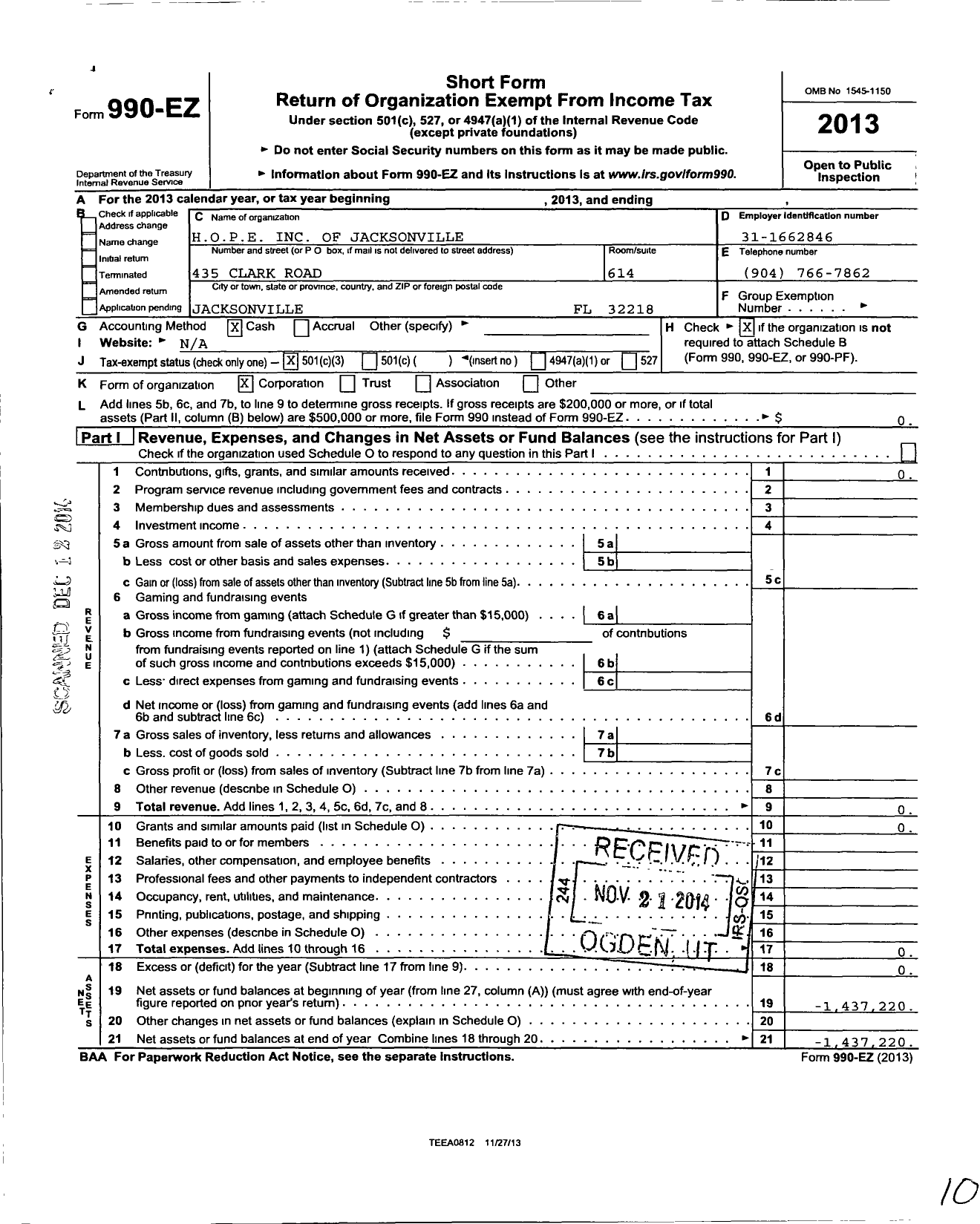 Image of first page of 2013 Form 990EZ for H O P E of Jacksonville