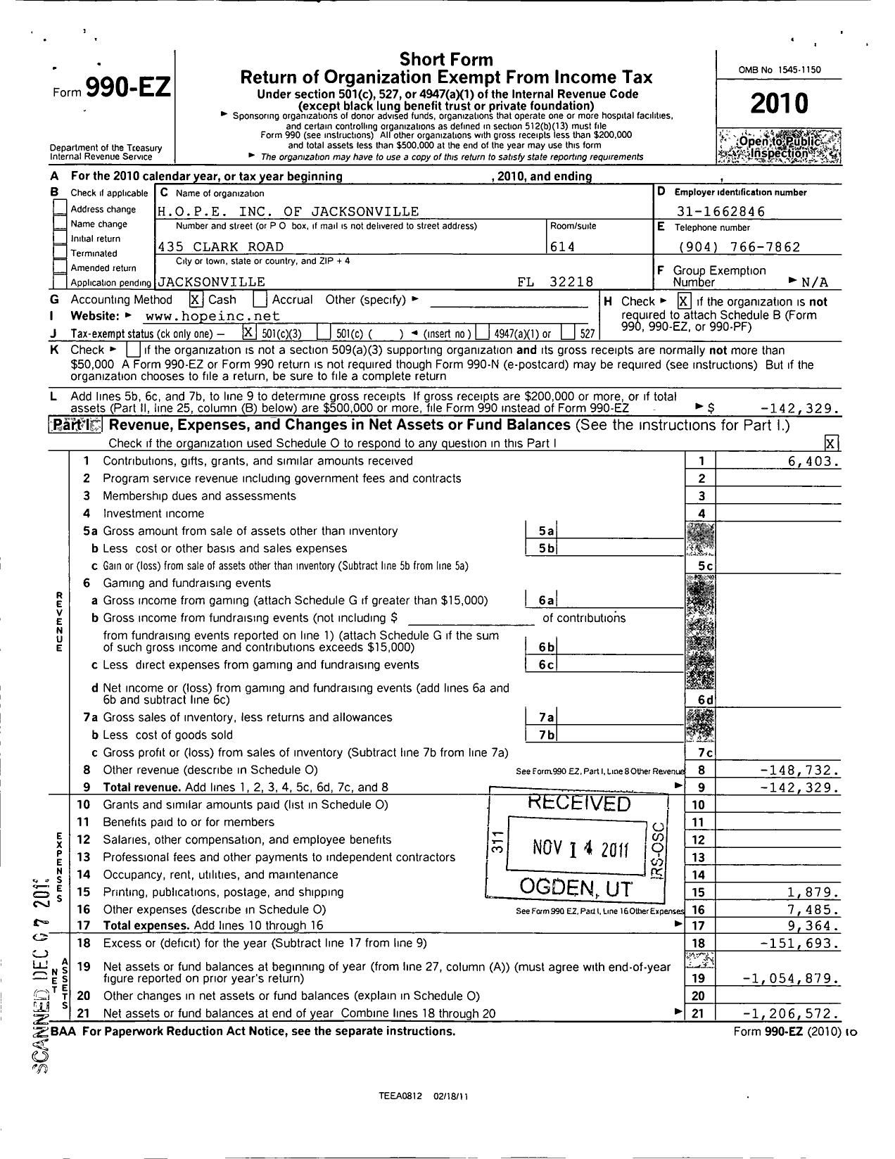 Image of first page of 2010 Form 990EZ for H O P E of Jacksonville