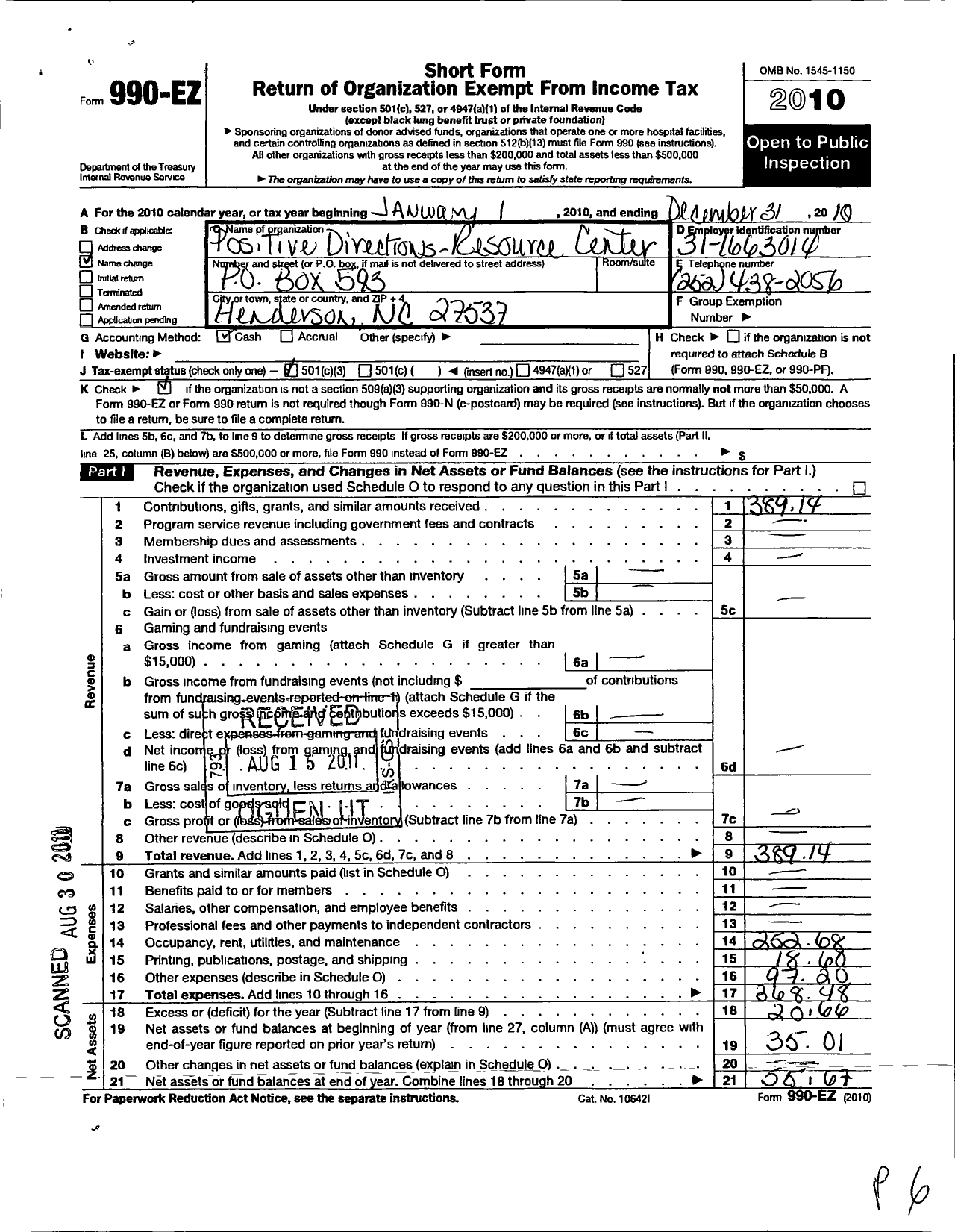 Image of first page of 2010 Form 990EZ for Positive Directions the Resource Center