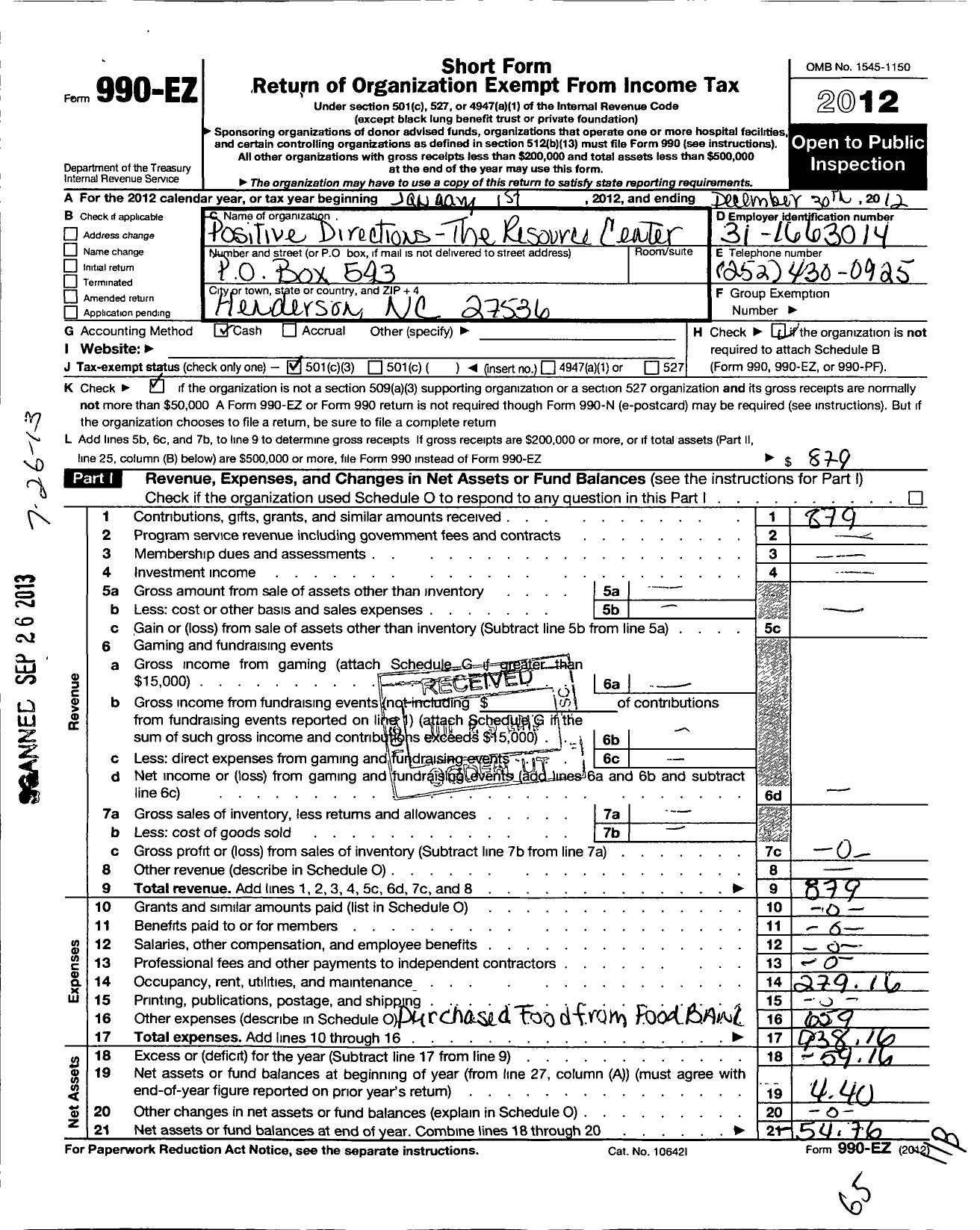 Image of first page of 2012 Form 990EZ for Positive Directions the Resource Center