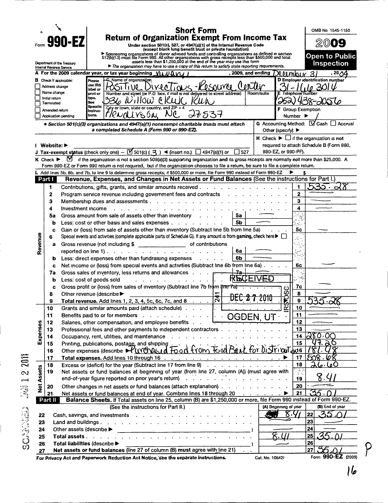 Image of first page of 2009 Form 990EZ for Positive Directions the Resource Center
