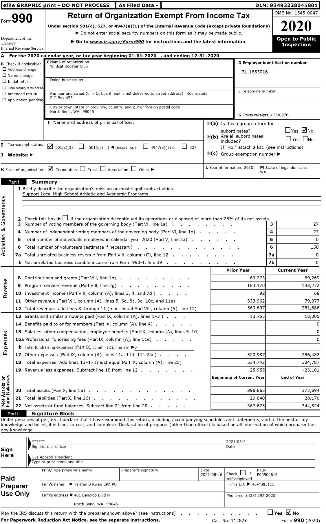 Image of first page of 2020 Form 990 for Wildcat Booster Club