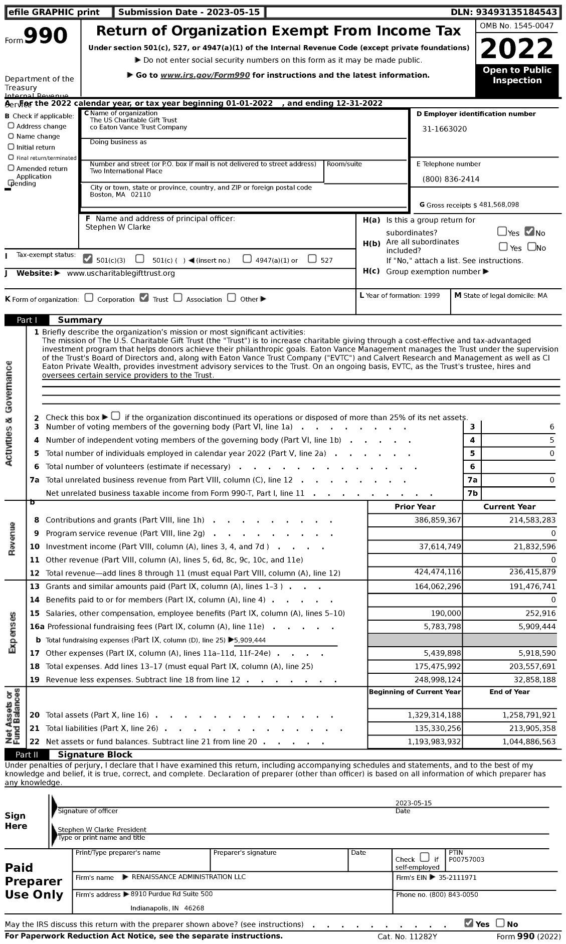 Image of first page of 2022 Form 990 for The US Charitable Gift Trust