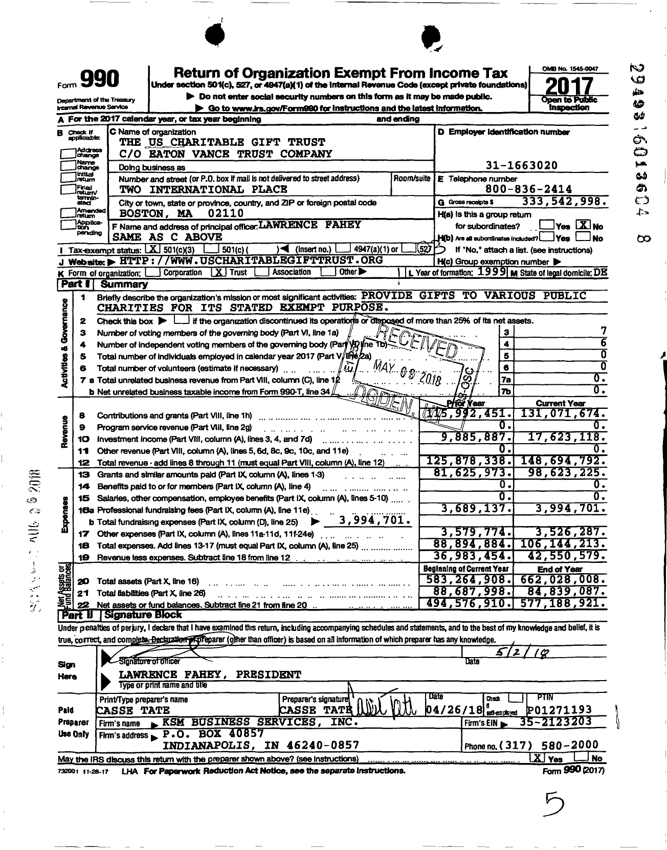 Image of first page of 2017 Form 990 for The US Charitable Gift Trust